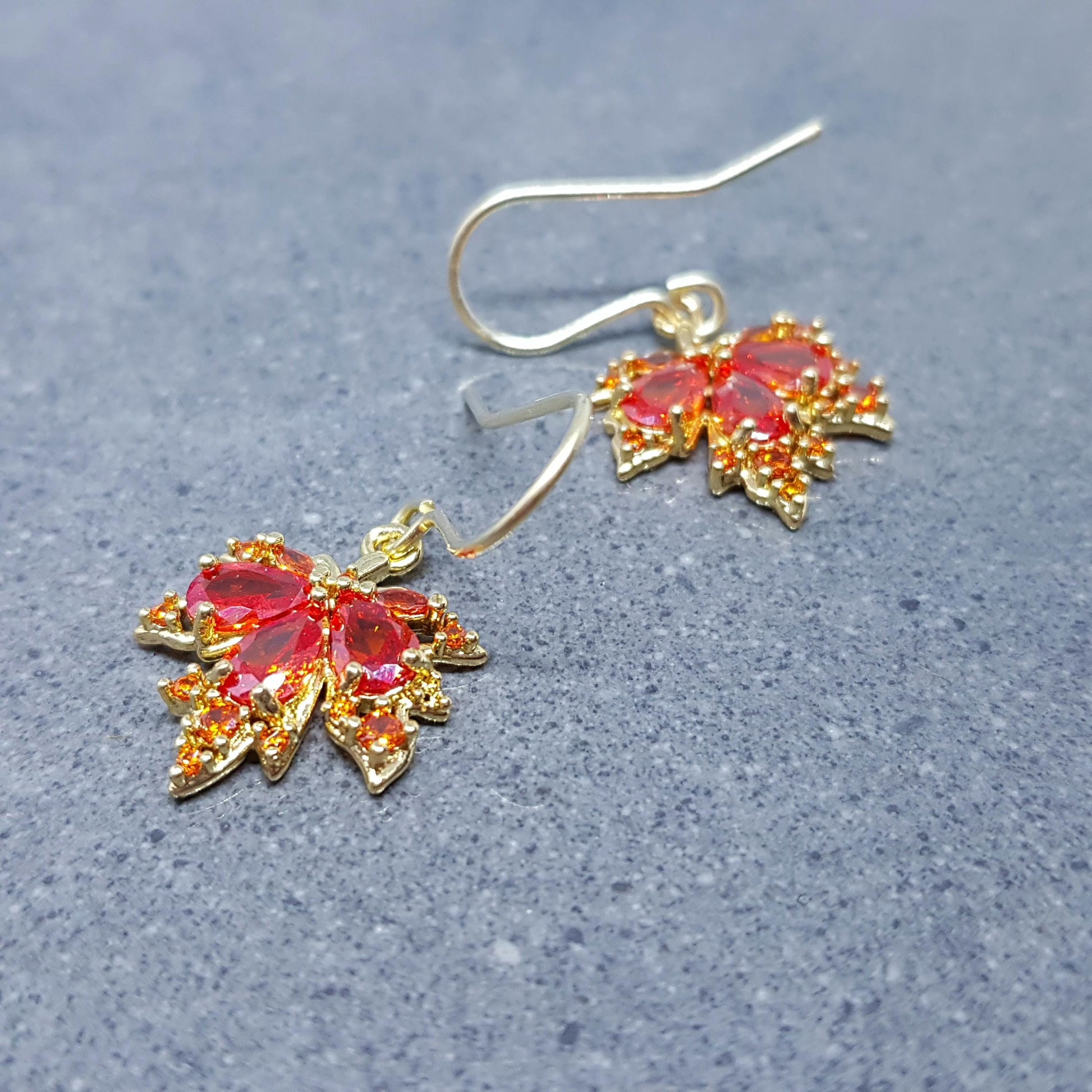 Maple Leaf Earrings with a Choice of Ear Wires: Burnt Orange Brass Micro Pave Cubic Zirconia, Real 18K Gold Plated
