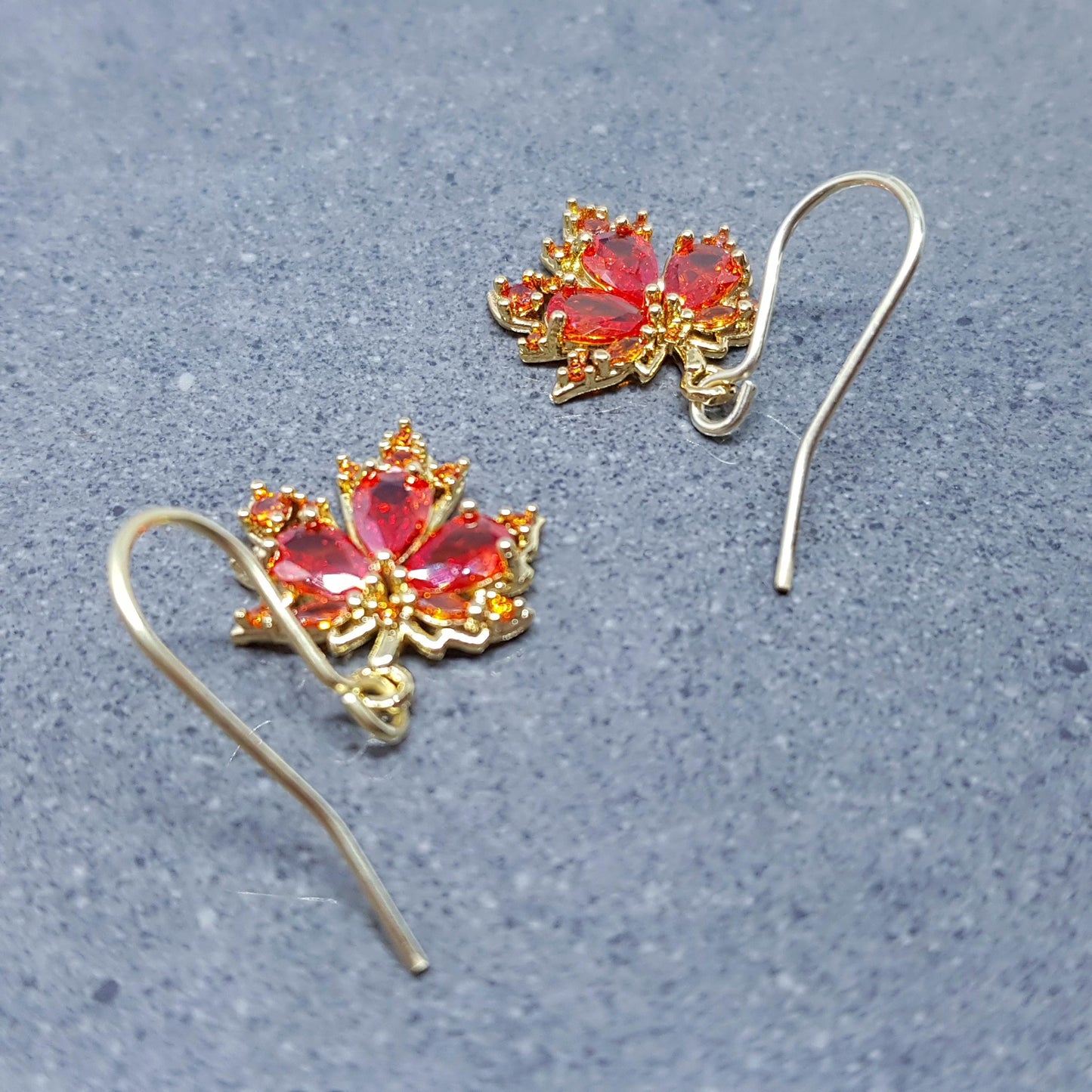 Maple Leaf Earrings with a Choice of Ear Wires: Burnt Orange Brass Micro Pave Cubic Zirconia, Real 18K Gold Plated