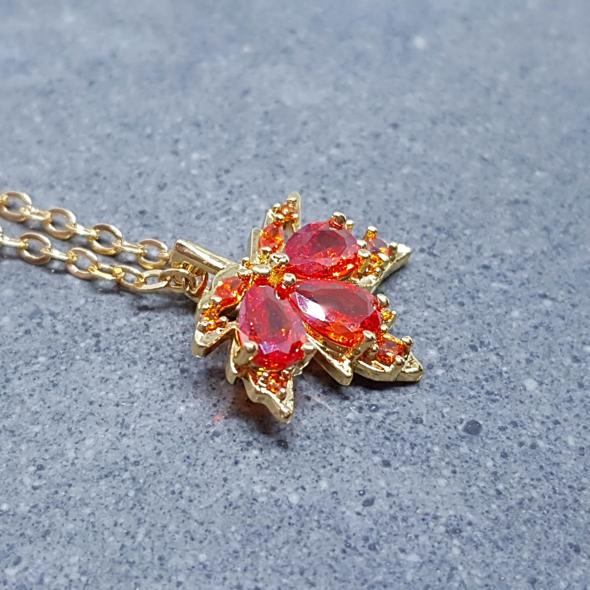 Maple Leaf Necklace with a Choice of Ear Wires: Burnt Orange Brass Micro Pave Cubic Zirconia, Real 18K Gold Plated