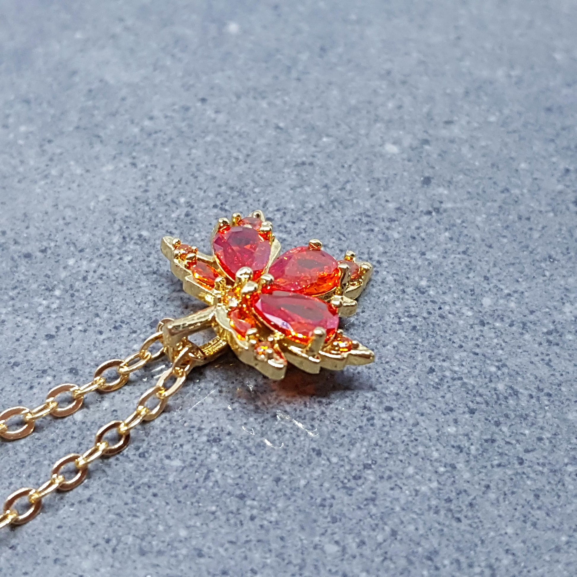 Maple Leaf Necklace with a Choice of Ear Wires: Burnt Orange Brass Micro Pave Cubic Zirconia, Real 18K Gold Plated