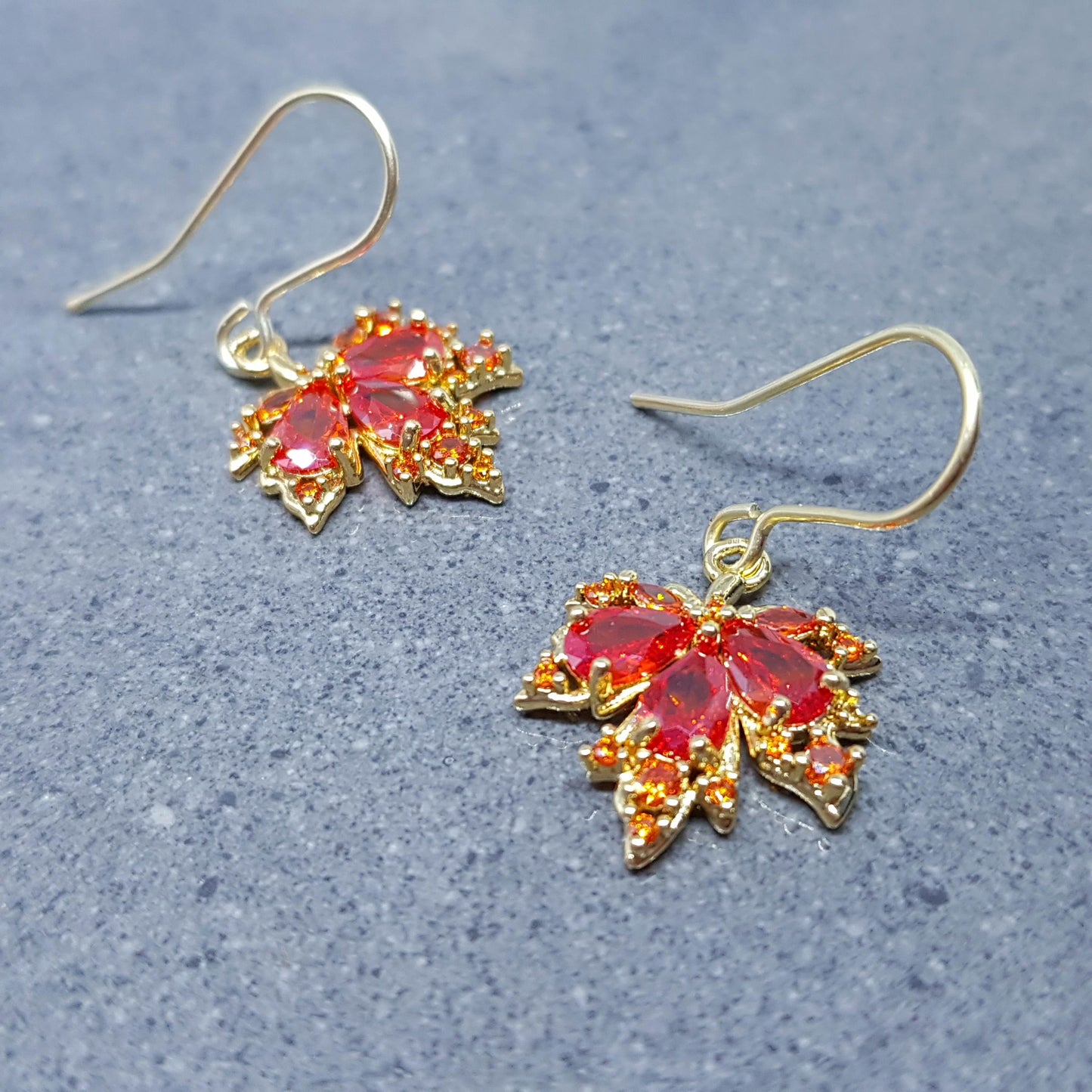 Maple Leaf Necklace with a Choice of Ear Wires: Burnt Orange Brass Micro Pave Cubic Zirconia, Real 18K Gold Plated