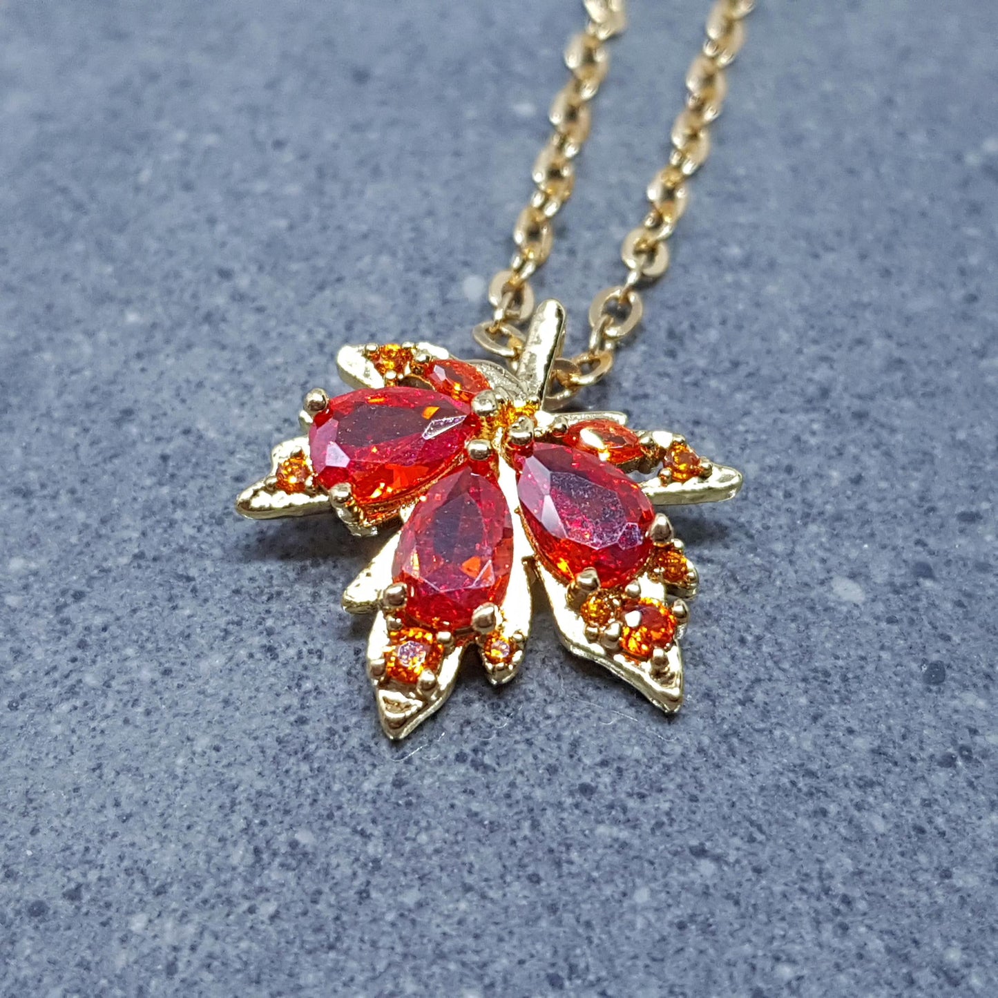 Maple Leaf Necklace with a Choice of Ear Wires: Burnt Orange Brass Micro Pave Cubic Zirconia, Real 18K Gold Plated