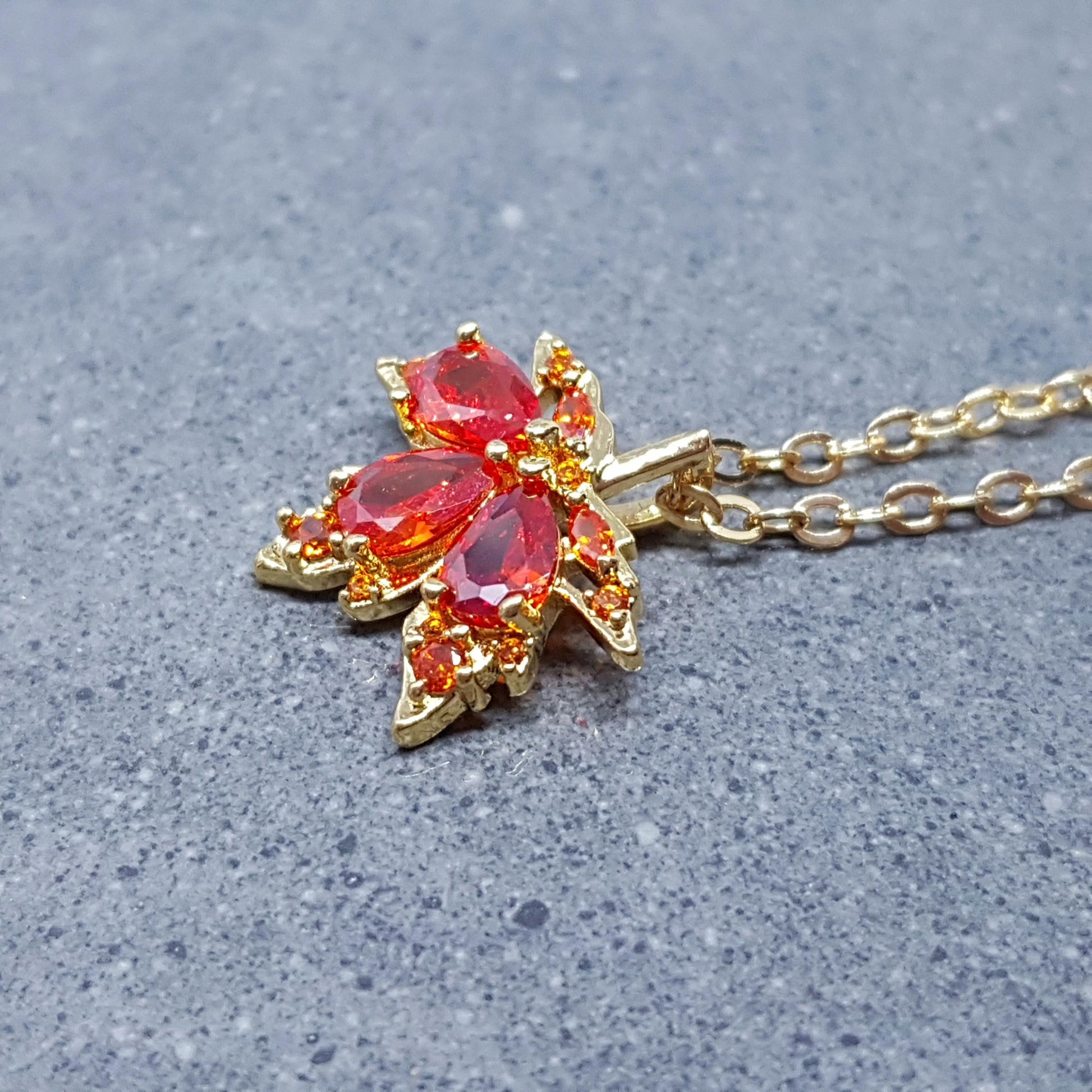 Maple Leaf Necklace with a Choice of Ear Wires: Burnt Orange Brass Micro Pave Cubic Zirconia, Real 18K Gold Plated
