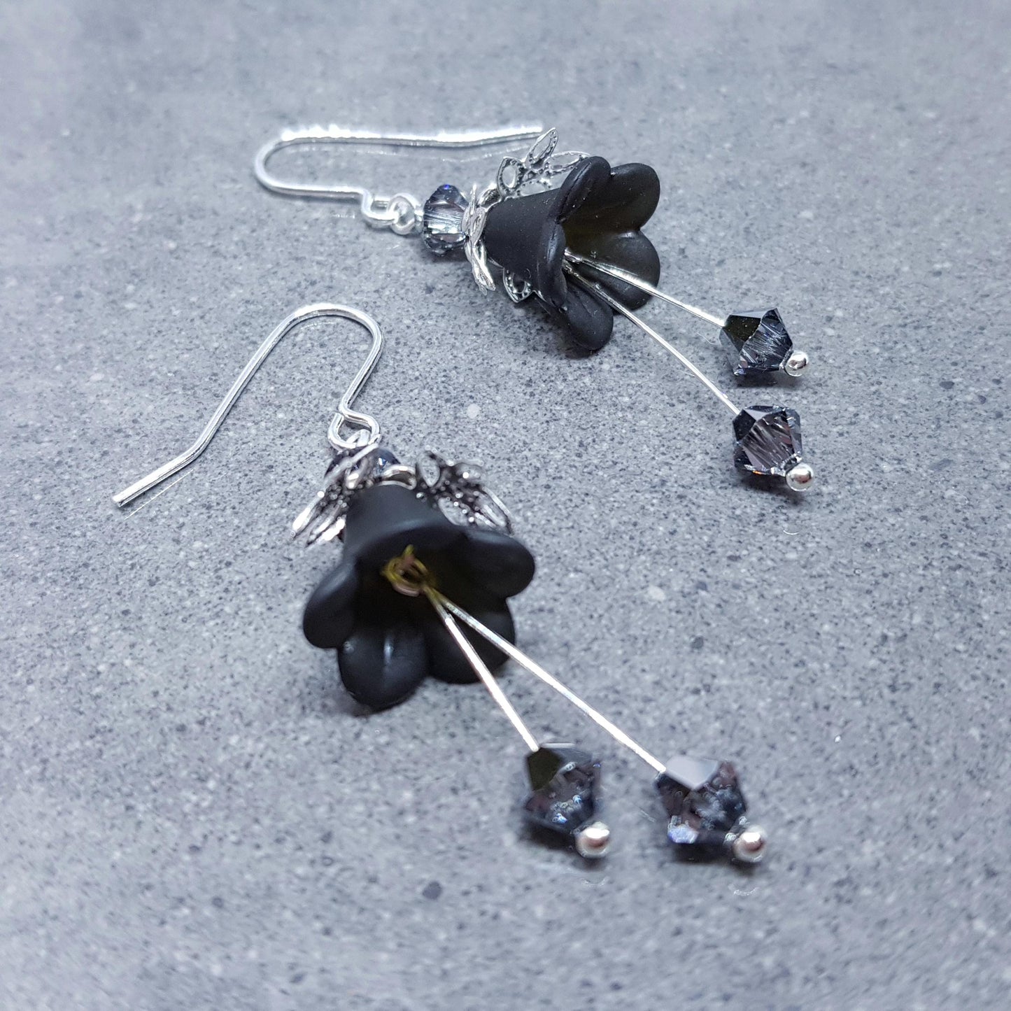 Black Flower Earrings with a choice of ear wires, Chrome PRIMERO Crystals®