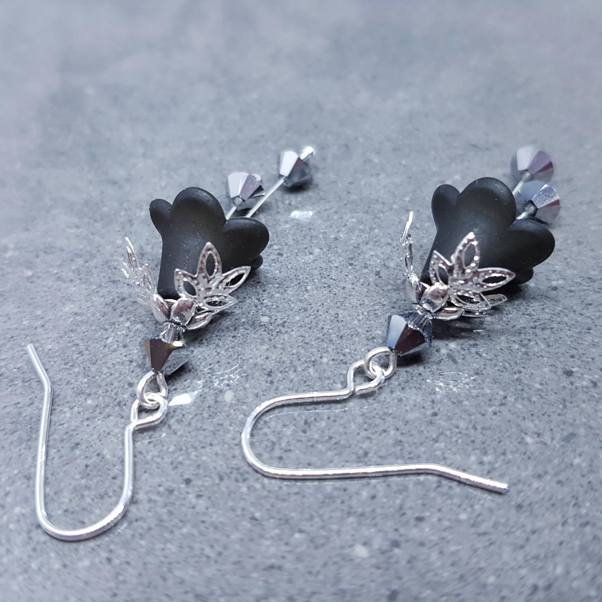 Black Flower Earrings with a choice of ear wires, Chrome PRIMERO Crystals®