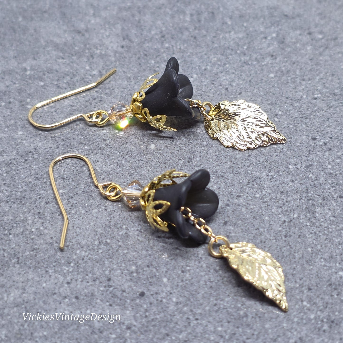 Black Flower Earrings with Gold PRIMERO Crystals® and a Choice of Ear Wires