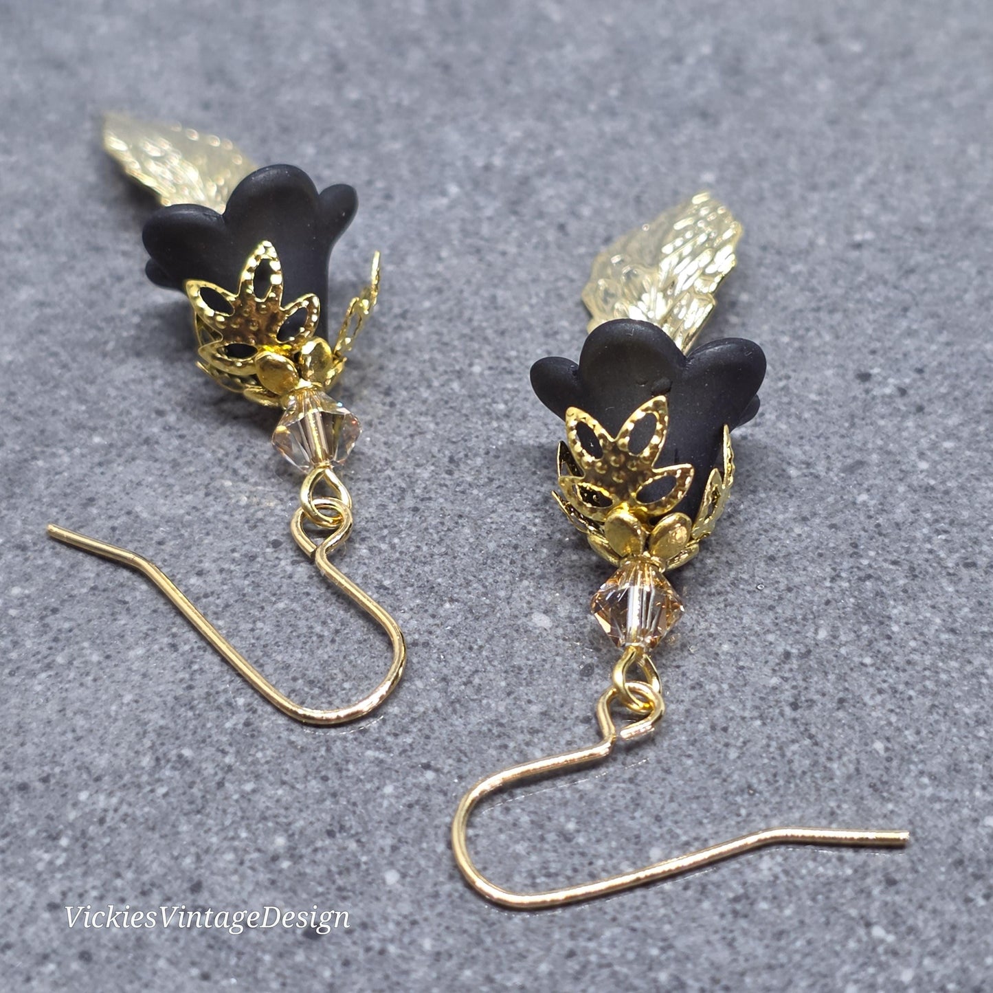 Black Flower Earrings with Gold PRIMERO Crystals® and a Choice of Ear Wires