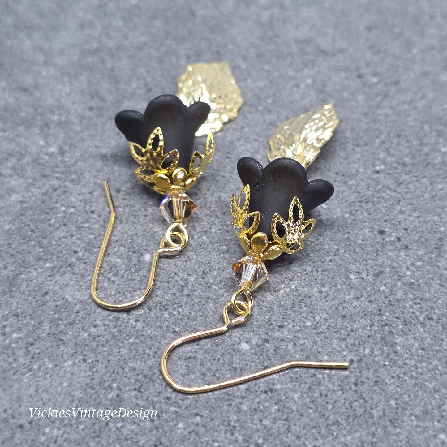Black Flower Earrings with Gold PRIMERO Crystals® and a Choice of Ear Wires