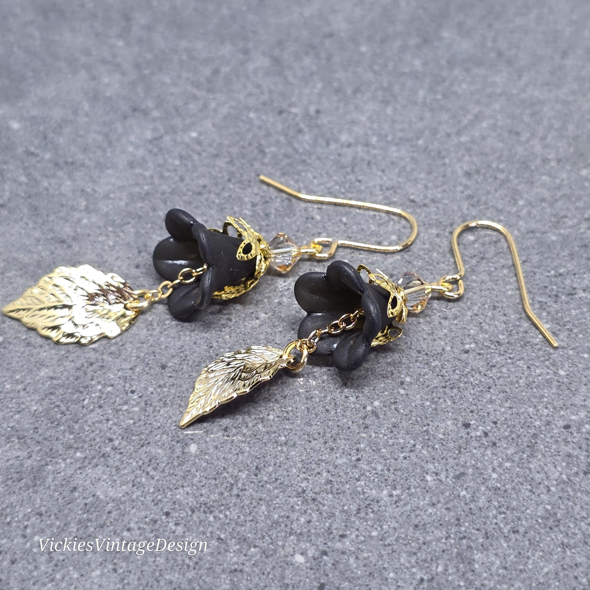 Black Flower Earrings with Gold PRIMERO Crystals® and a Choice of Ear Wires