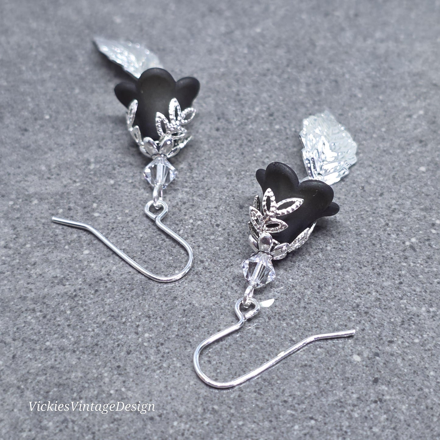 Black Flower Earrings with Crystal Clear PRIMERO Crystals® and a Choice of Ear Wires