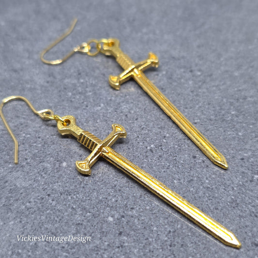 Miniature Sword Earrings with a Choice of Ear Wires, Gold Plated, Come as a Pair