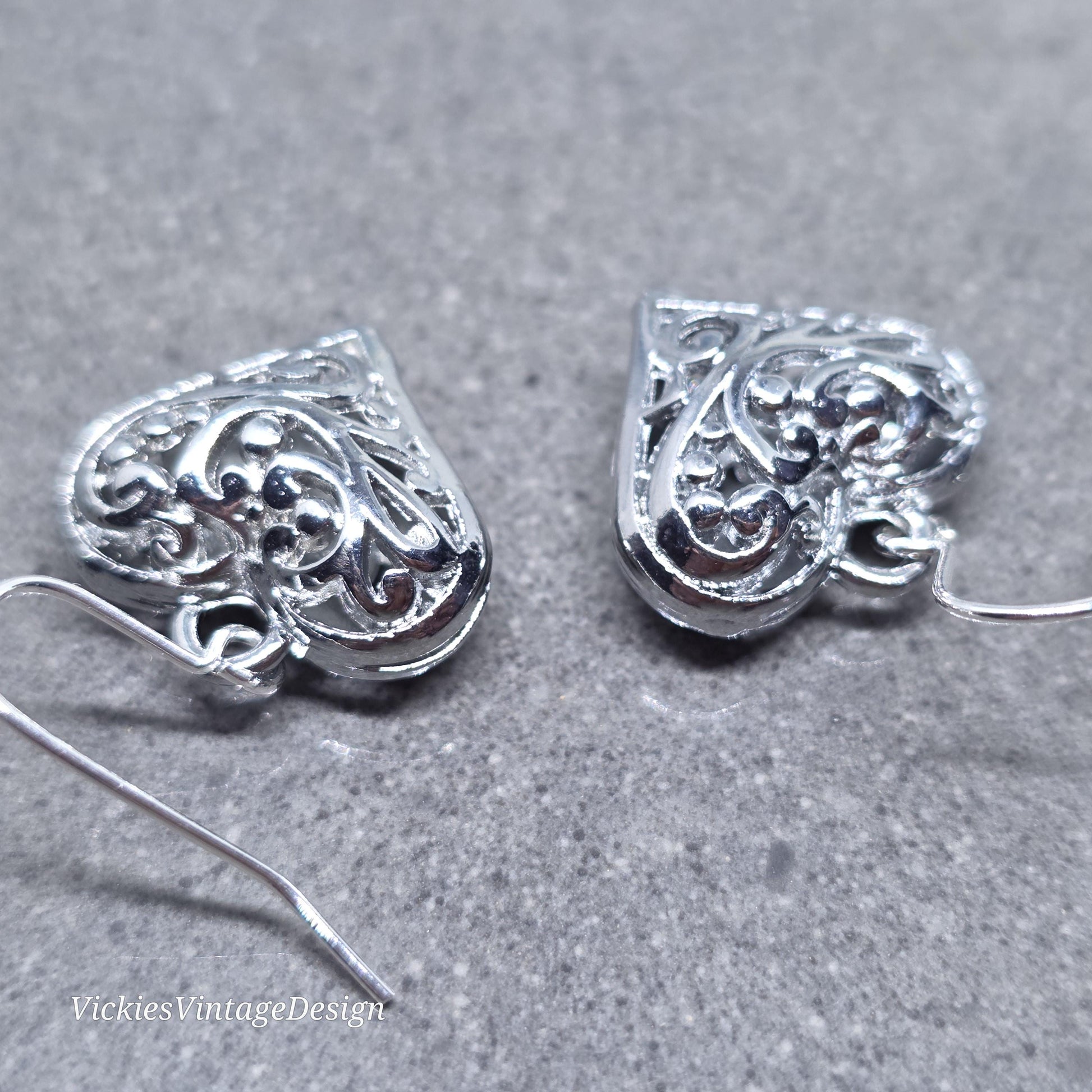 Heart Earrings, Filigree Heart earrings, Silver Heart Jewelry, Silver Pillow Filigree Heart Earrings
