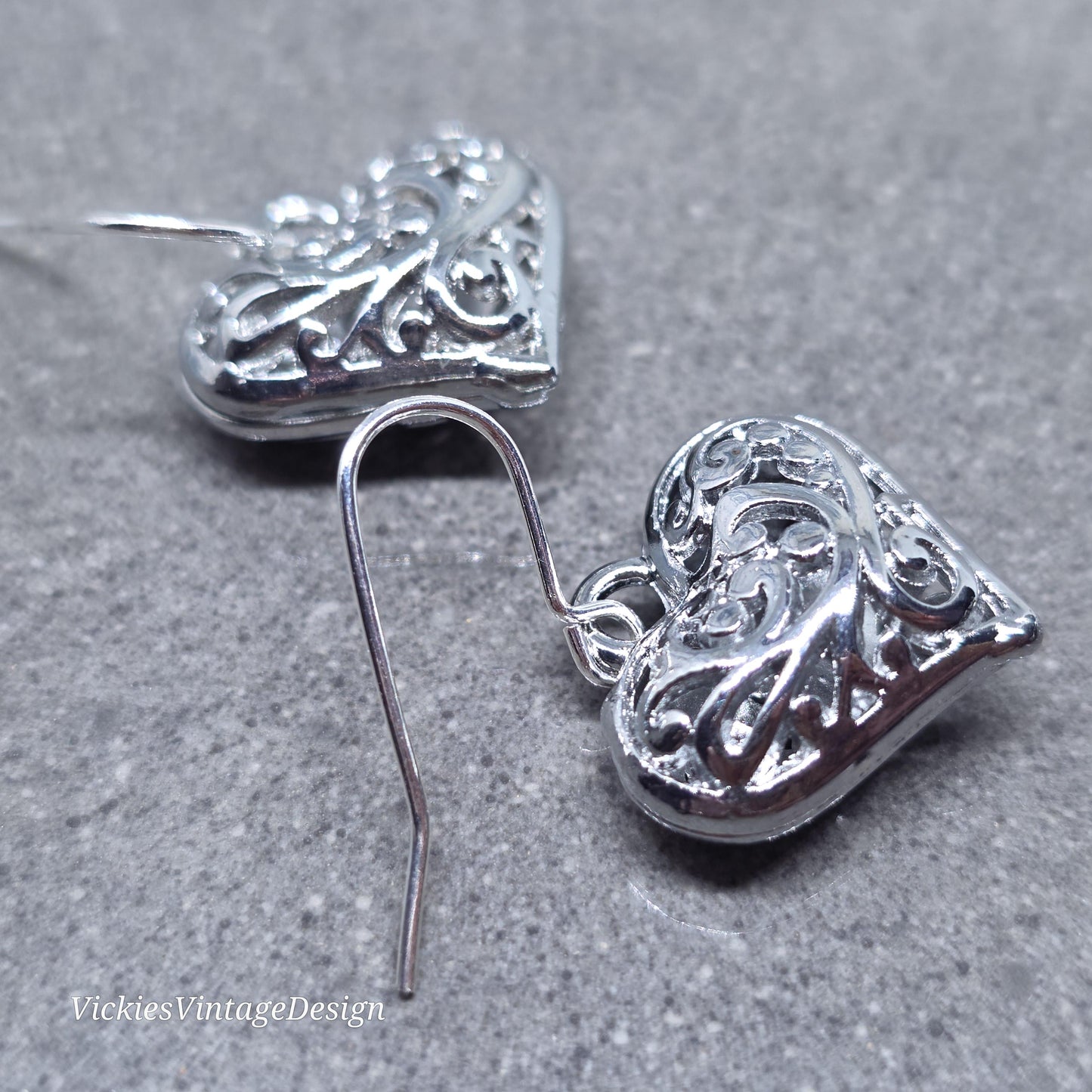 Heart Earrings, Filigree Heart earrings, Silver Heart Jewelry, Silver Pillow Filigree Heart Earrings