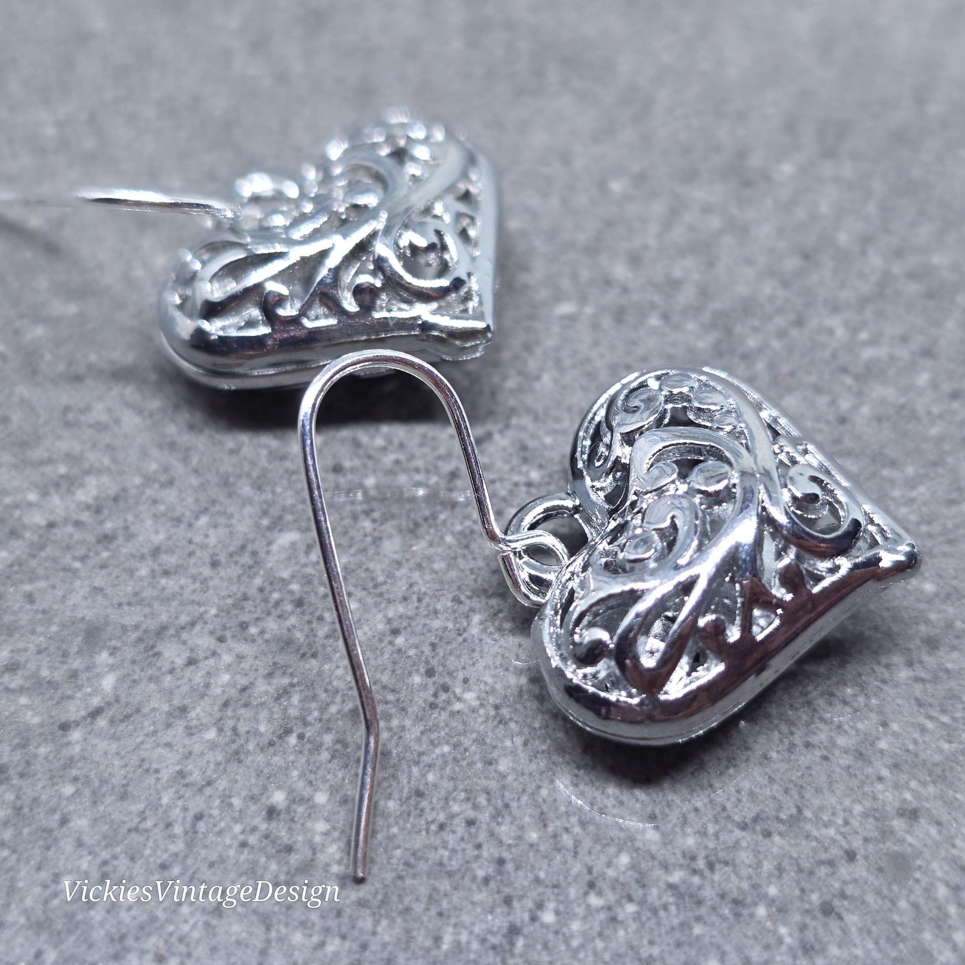 Heart Earrings, Filigree Heart earrings, Silver Heart Jewelry, Silver Pillow Filigree Heart Earrings