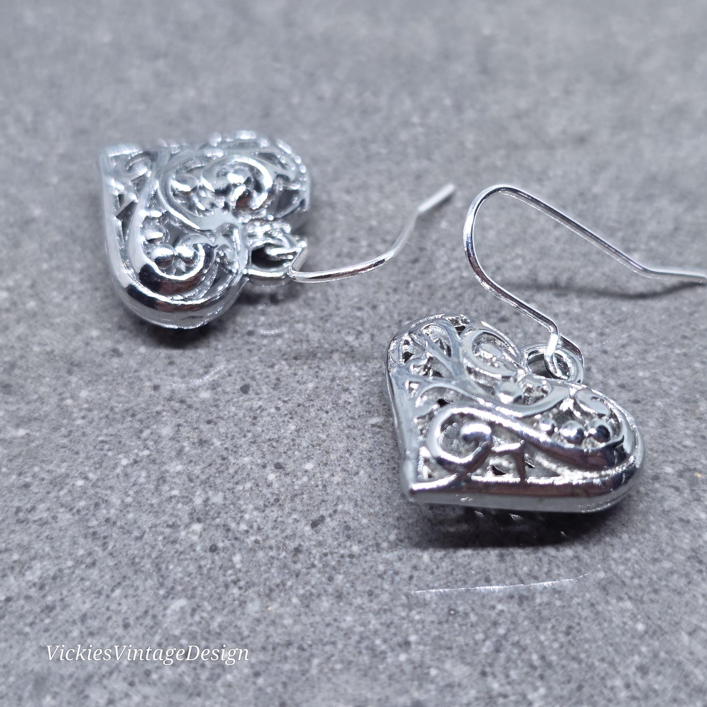 Heart Earrings, Filigree Heart earrings, Silver Heart Jewelry, Silver Pillow Filigree Heart Earrings