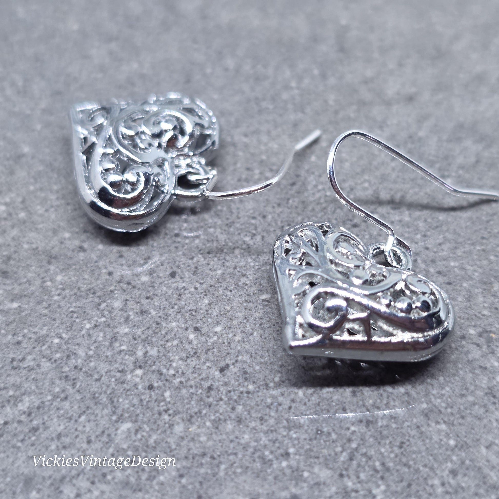 Heart Earrings, Filigree Heart earrings, Silver Heart Jewelry, Silver Pillow Filigree Heart Earrings