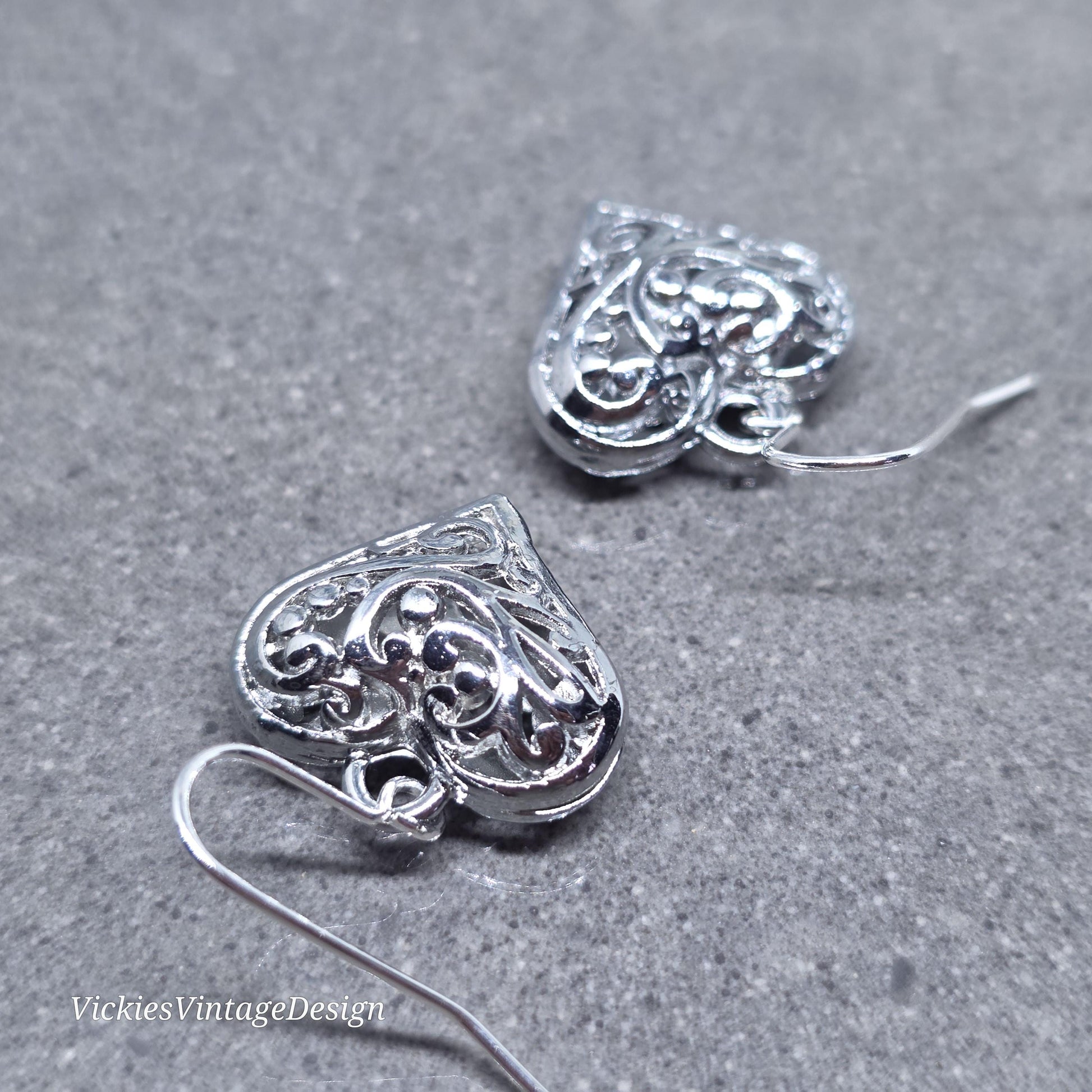 Heart Earrings, Filigree Heart earrings, Silver Heart Jewelry, Silver Pillow Filigree Heart Earrings