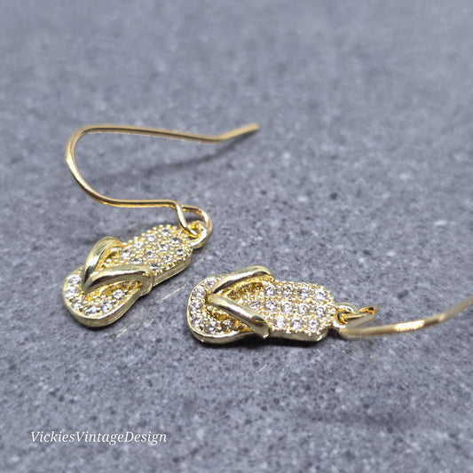 Flip Flop Earrings, Hypoallergenic Ear Wires, Shoe Lover Earrings, Shoe Earrings, Cubic Zirconia Earrings, Gold Shoe Earrings
