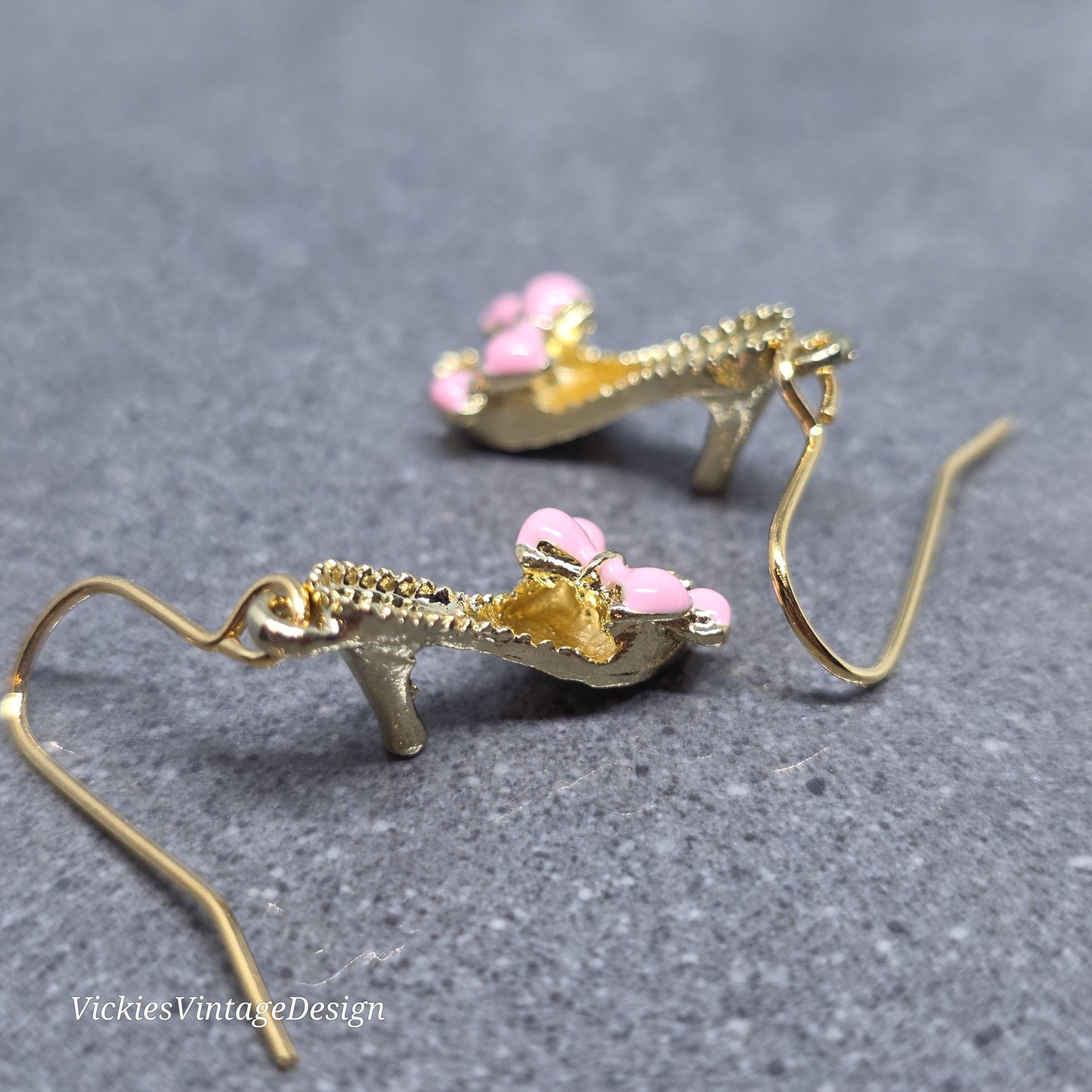Shoe Earrings, Hypoallergenic Ear Wires, Kitten Heel Mule Earrings, High Heel Shoe Earrings, Stiletto Earrings, Gold Shoe Earrings, Pink Bow