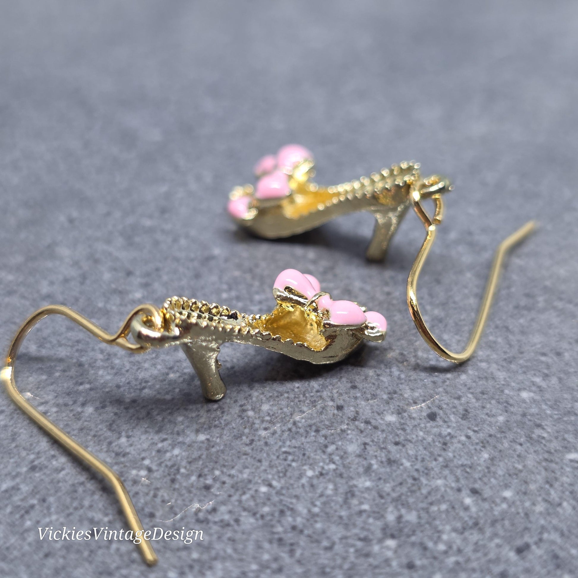Shoe Earrings, Hypoallergenic Ear Wires, Kitten Heel Mule Earrings, High Heel Shoe Earrings, Stiletto Earrings, Gold Shoe Earrings, Pink Bow