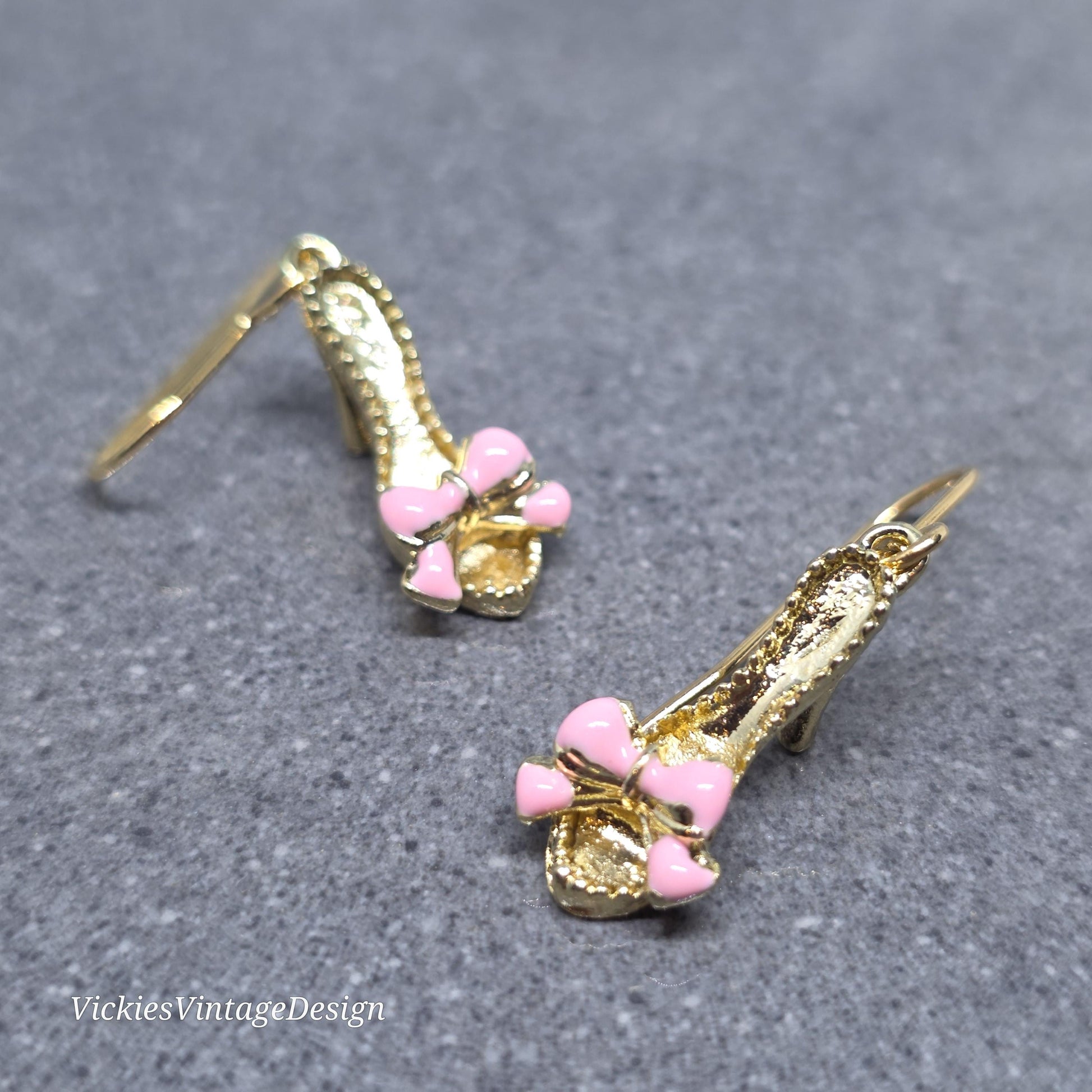 Shoe Earrings, Hypoallergenic Ear Wires, Kitten Heel Mule Earrings, High Heel Shoe Earrings, Stiletto Earrings, Gold Shoe Earrings, Pink Bow