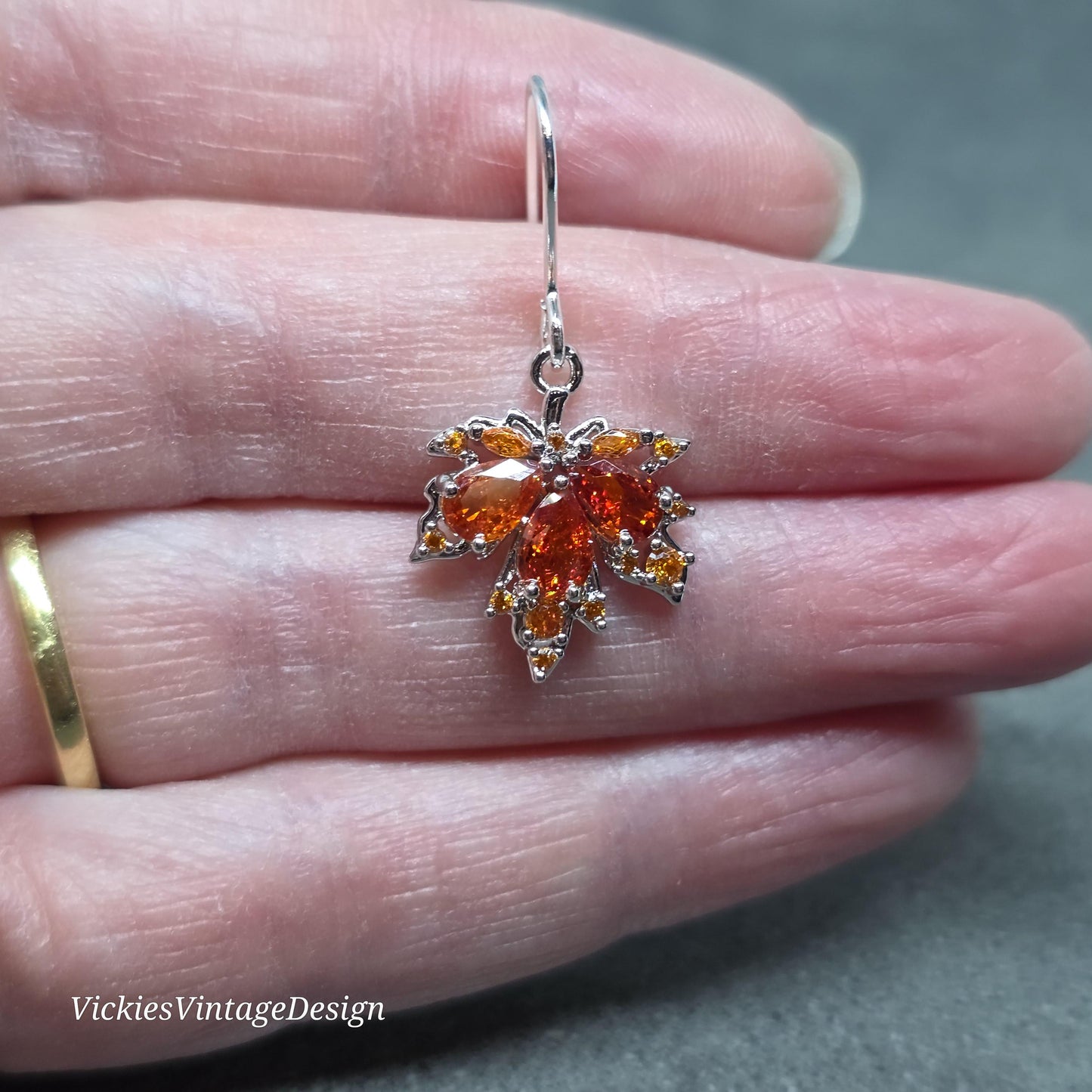 Maple Leaf Earrings with a Choice of Ear Wires: Burnt Orange Brass Micro Pave Cubic Zirconia, Platinum Plated