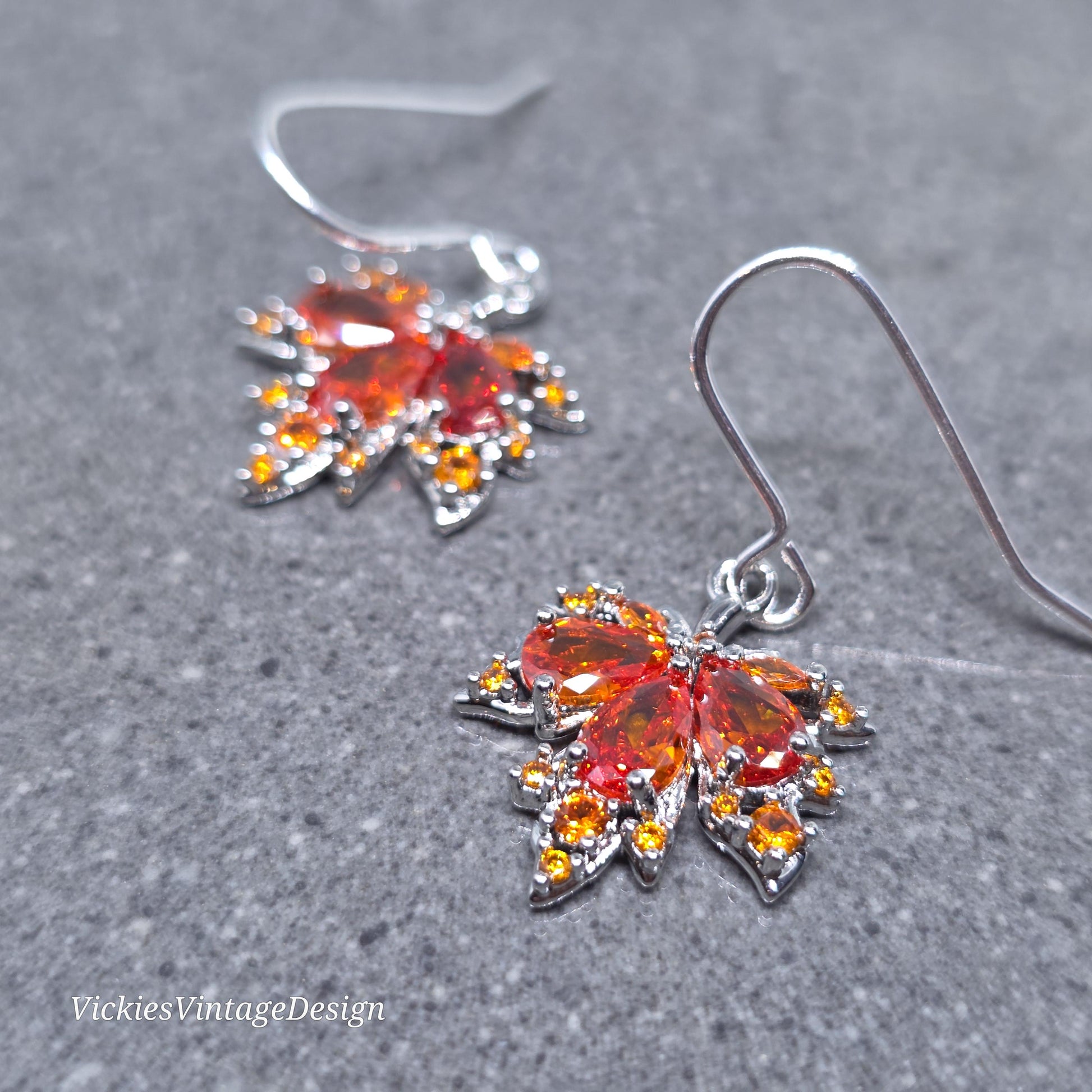 Maple Leaf Earrings with a Choice of Ear Wires: Burnt Orange Brass Micro Pave Cubic Zirconia, Platinum Plated
