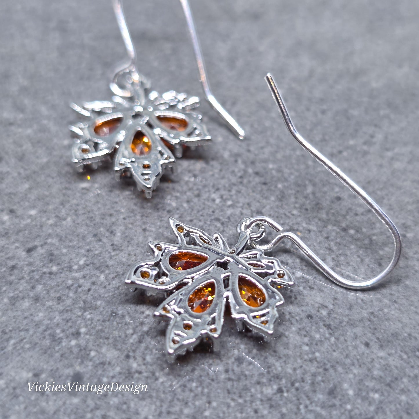 Maple Leaf Earrings with a Choice of Ear Wires: Burnt Orange Brass Micro Pave Cubic Zirconia, Platinum Plated