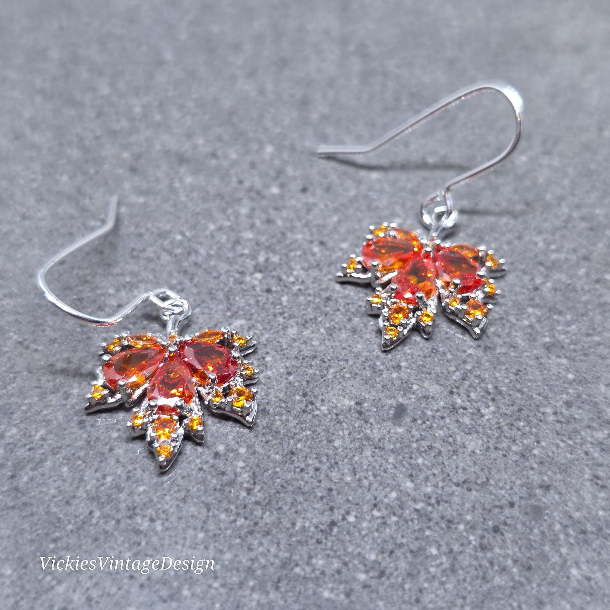 Maple Leaf Earrings with a Choice of Ear Wires: Burnt Orange Brass Micro Pave Cubic Zirconia, Platinum Plated