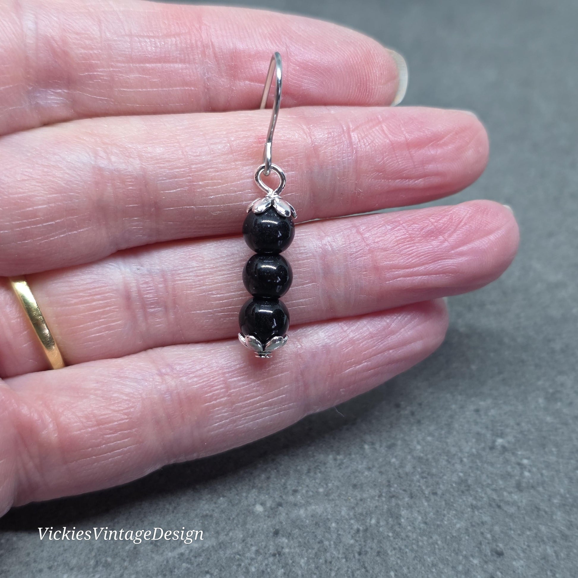 Glass Black Pearl Earrings, Sterling Silver or Hypoallergenic Ear Wires, Round Black Pearls