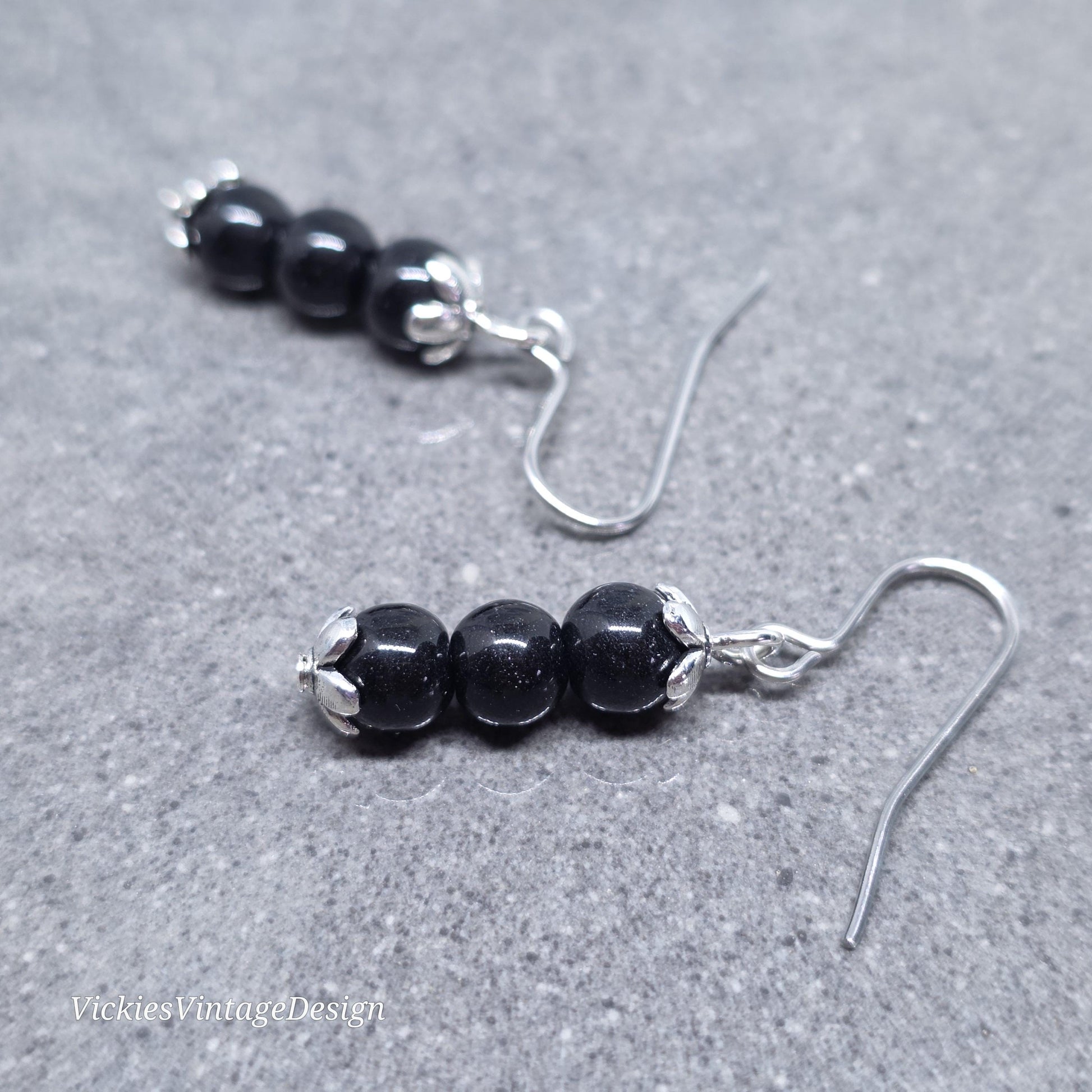 Glass Black Pearl Earrings, Sterling Silver or Hypoallergenic Ear Wires, Round Black Pearls