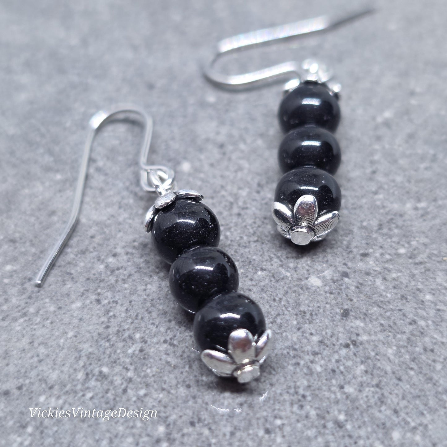 Glass Black Pearl Earrings, Sterling Silver or Hypoallergenic Ear Wires, Round Black Pearls