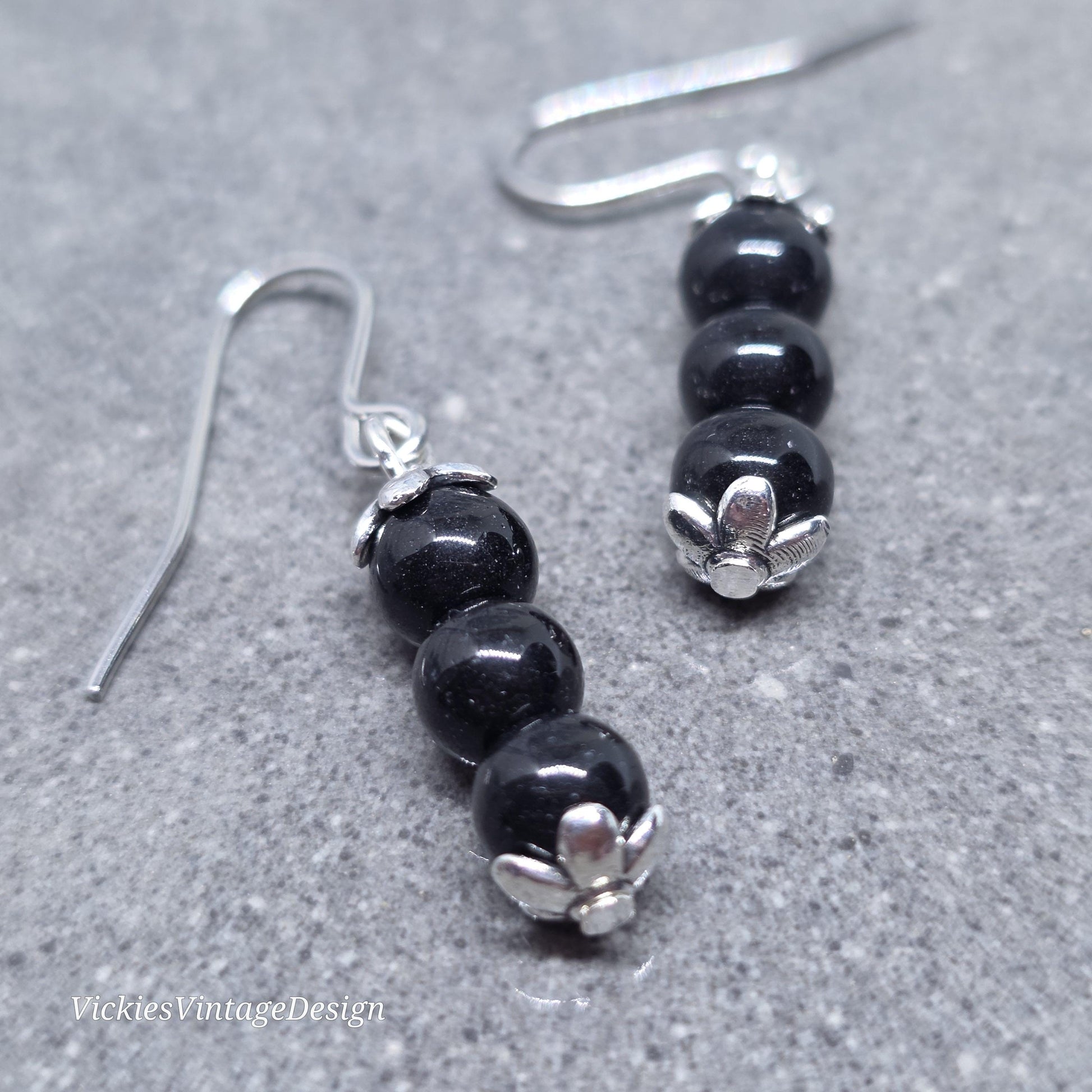Glass Black Pearl Earrings, Sterling Silver or Hypoallergenic Ear Wires, Round Black Pearls