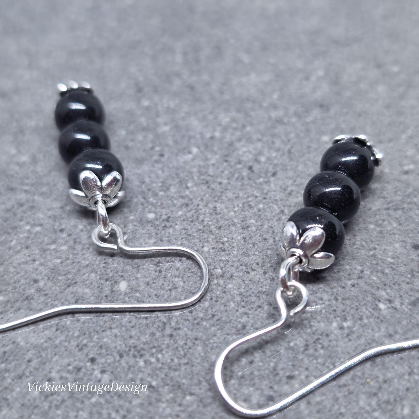 Glass Black Pearl Earrings, Sterling Silver or Hypoallergenic Ear Wires, Round Black Pearls