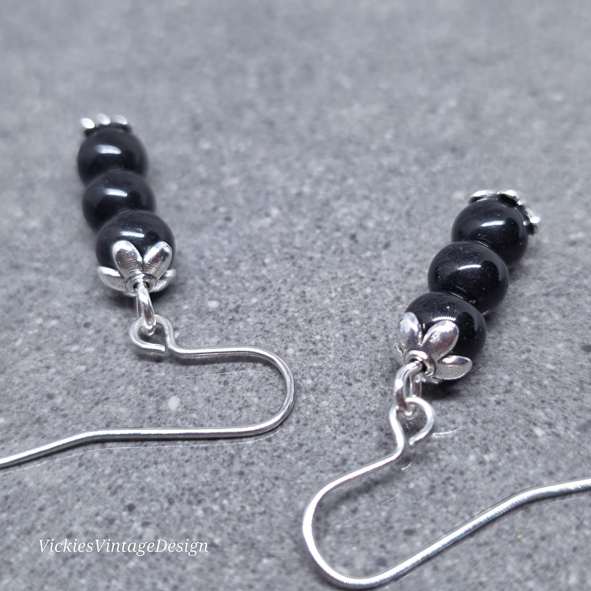 Glass Black Pearl Earrings, Sterling Silver or Hypoallergenic Ear Wires, Round Black Pearls
