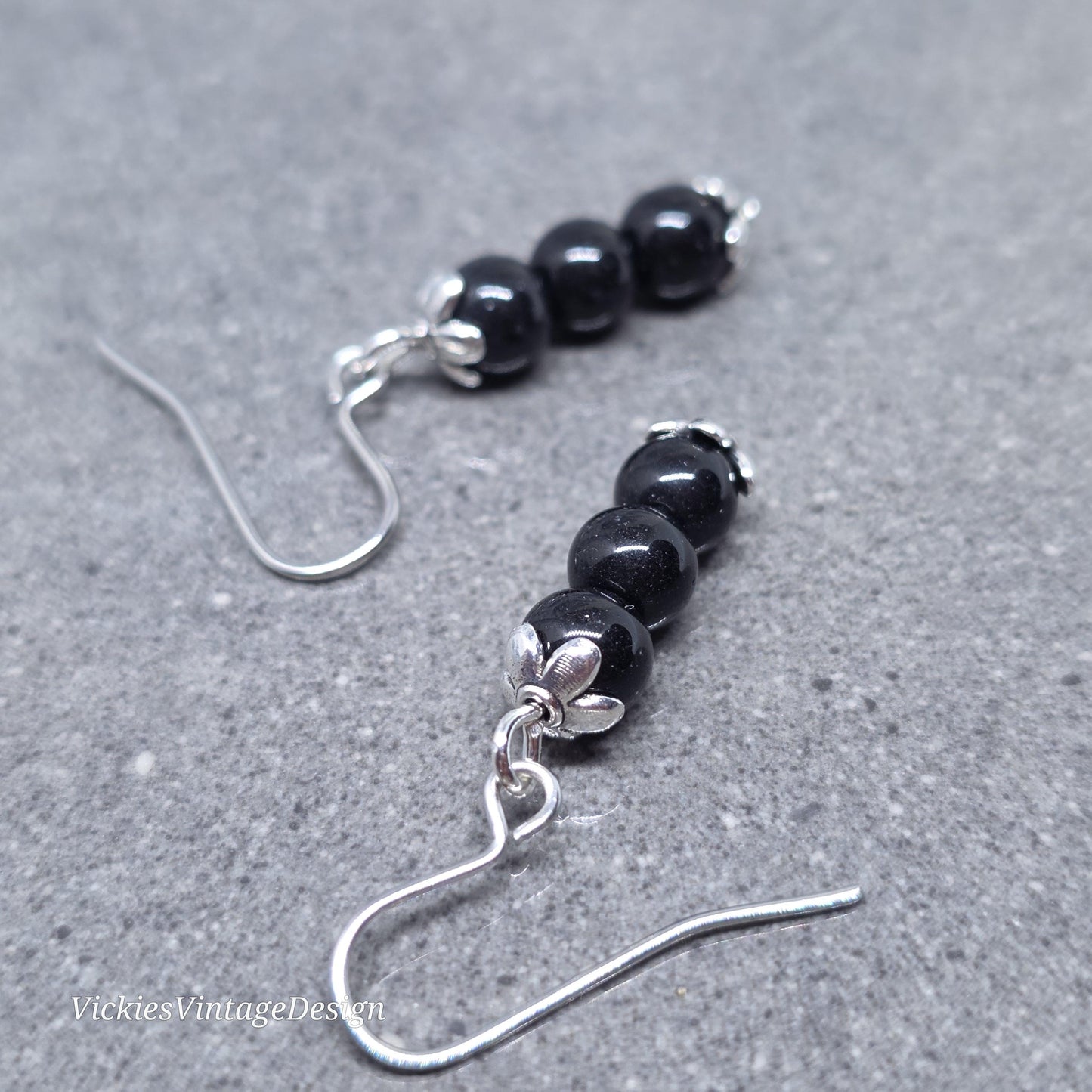 Glass Black Pearl Earrings, Sterling Silver or Hypoallergenic Ear Wires, Round Black Pearls