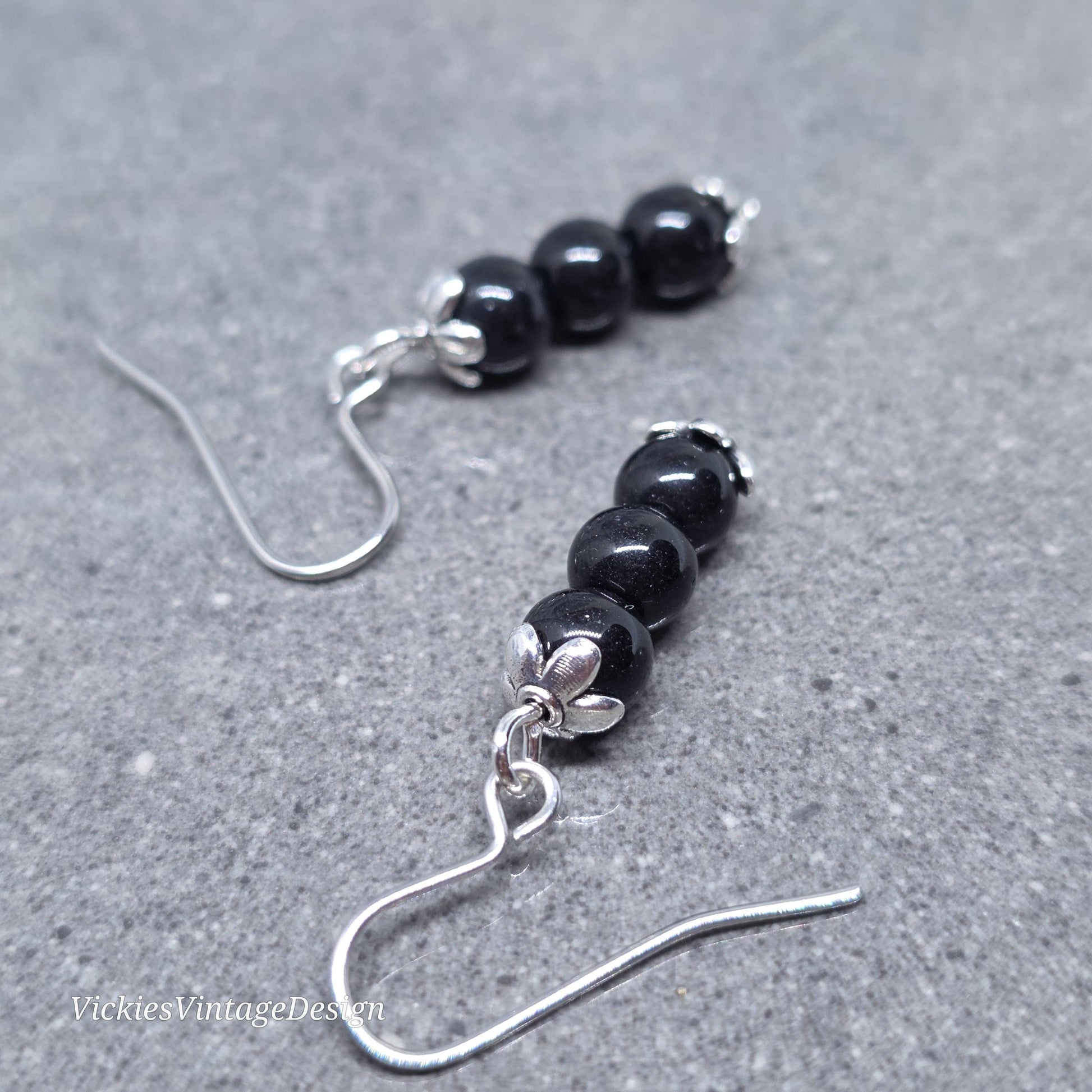 Glass Black Pearl Earrings, Sterling Silver or Hypoallergenic Ear Wires, Round Black Pearls