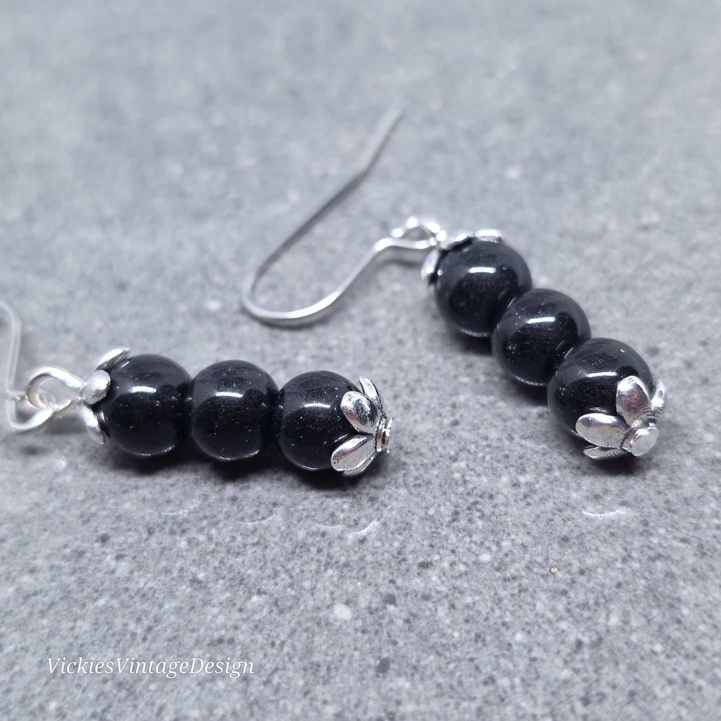 Glass Black Pearl Earrings, Sterling Silver or Hypoallergenic Ear Wires, Round Black Pearls