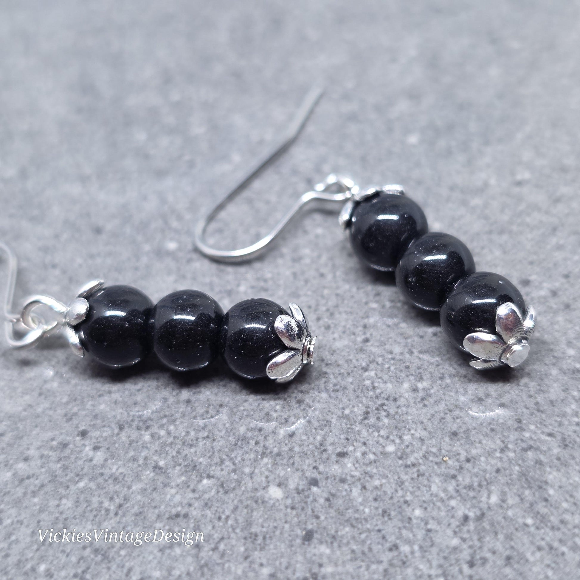 Glass Black Pearl Earrings, Sterling Silver or Hypoallergenic Ear Wires, Round Black Pearls