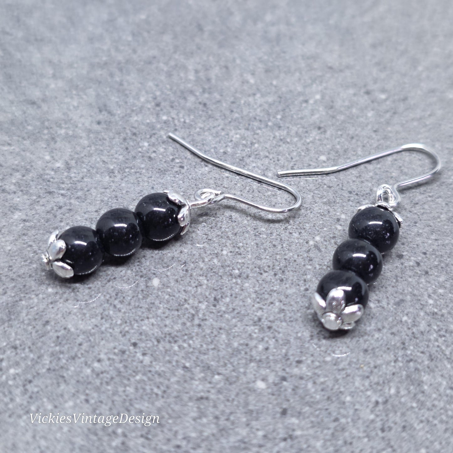 Glass Black Pearl Earrings, Sterling Silver or Hypoallergenic Ear Wires, Round Black Pearls