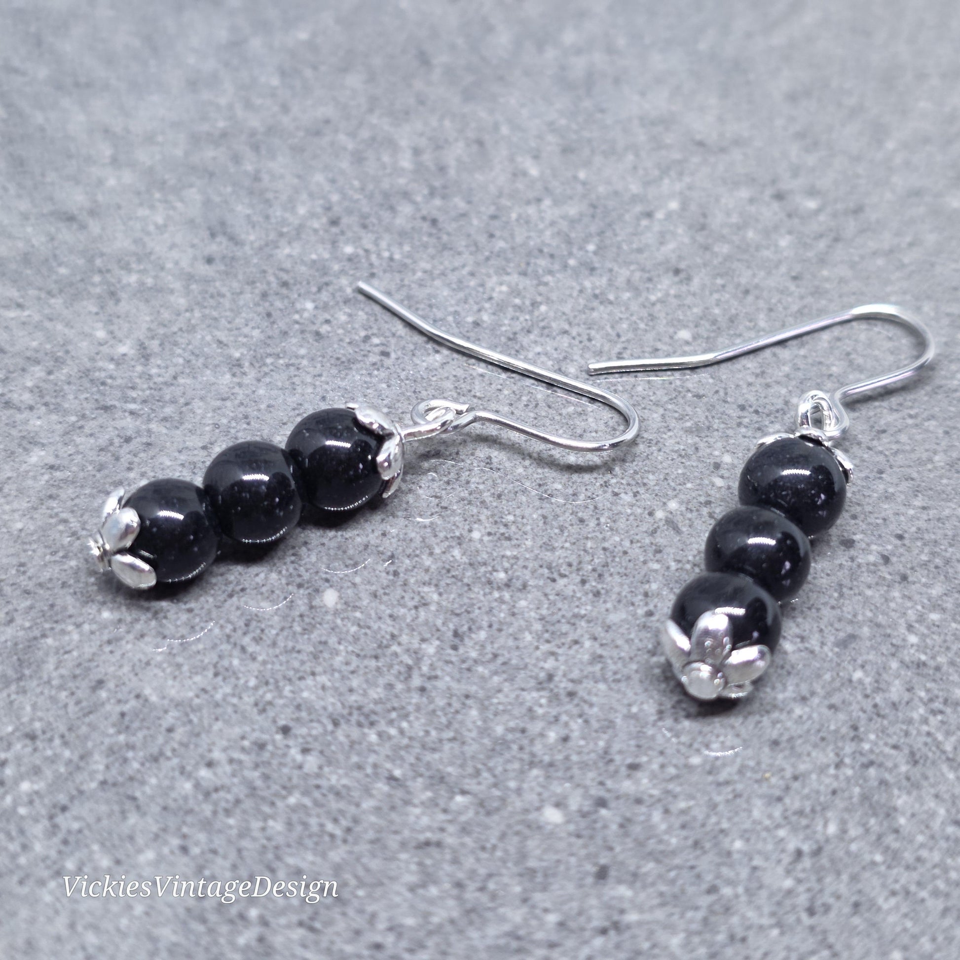 Glass Black Pearl Earrings, Sterling Silver or Hypoallergenic Ear Wires, Round Black Pearls