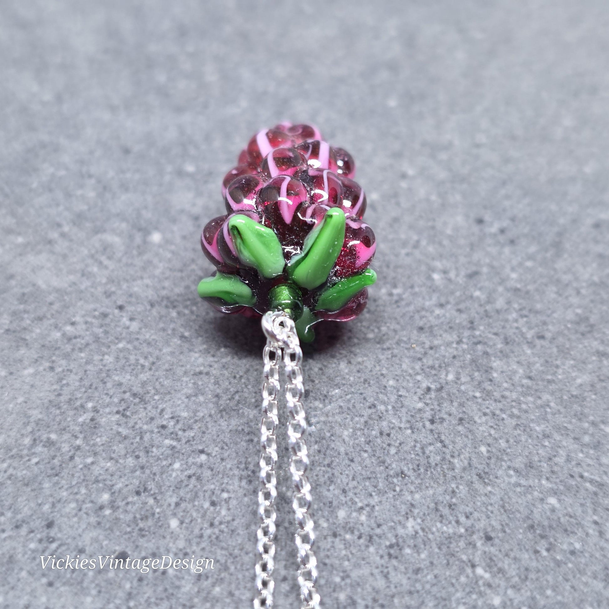 Glass Grape Necklace: Purple Berry Fruits, Choice of Chain