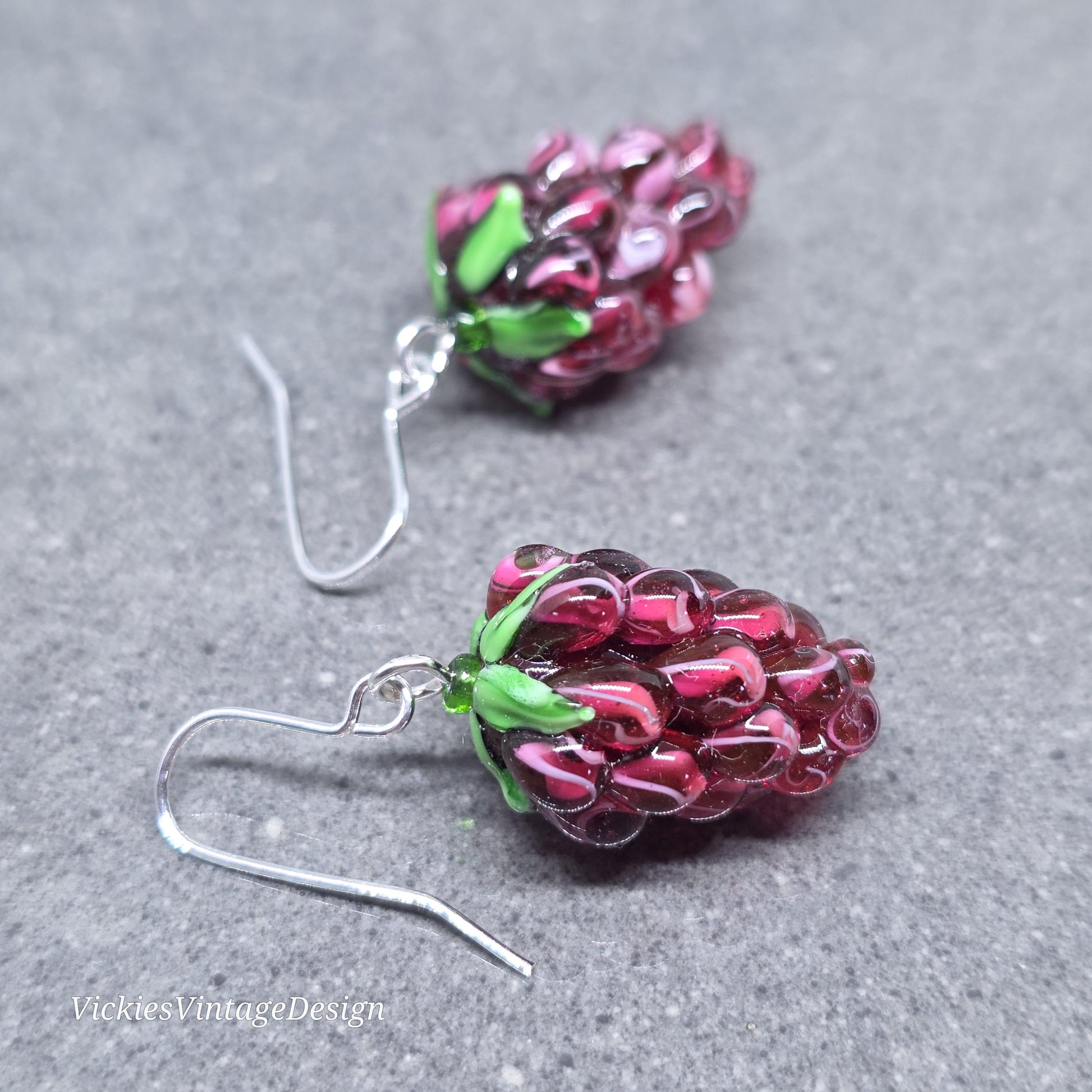 Glass Grape Necklace: Purple Berry Fruits, Choice of Chain