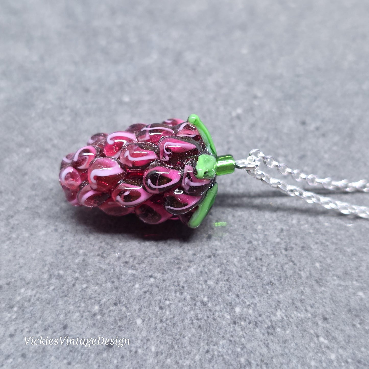 Glass Grape Necklace: Purple Berry Fruits, Choice of Chain