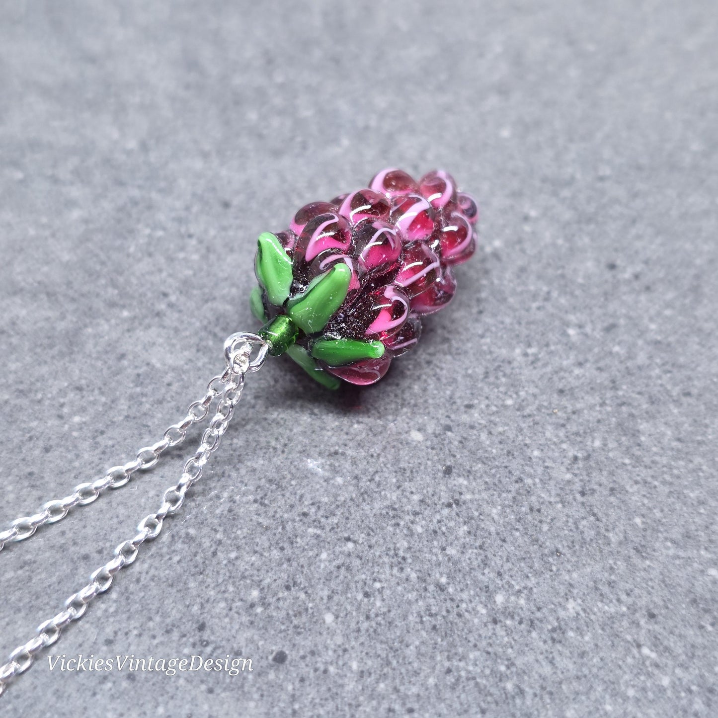 Glass Grape Necklace: Purple Berry Fruits, Choice of Chain