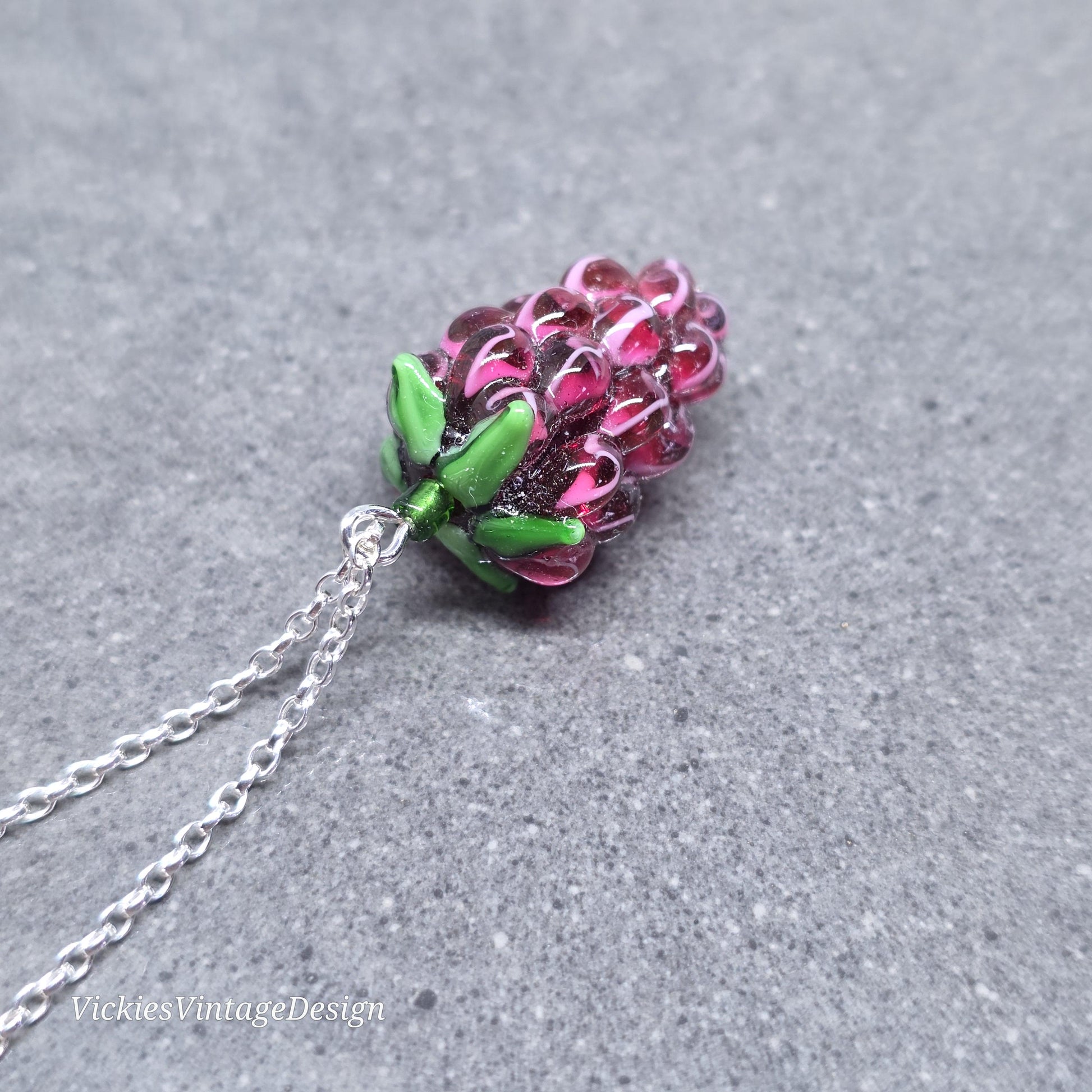 Glass Grape Necklace: Purple Berry Fruits, Choice of Chain