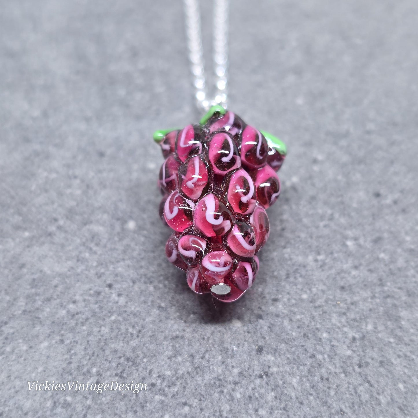 Glass Grape Necklace: Purple Berry Fruits, Choice of Chain