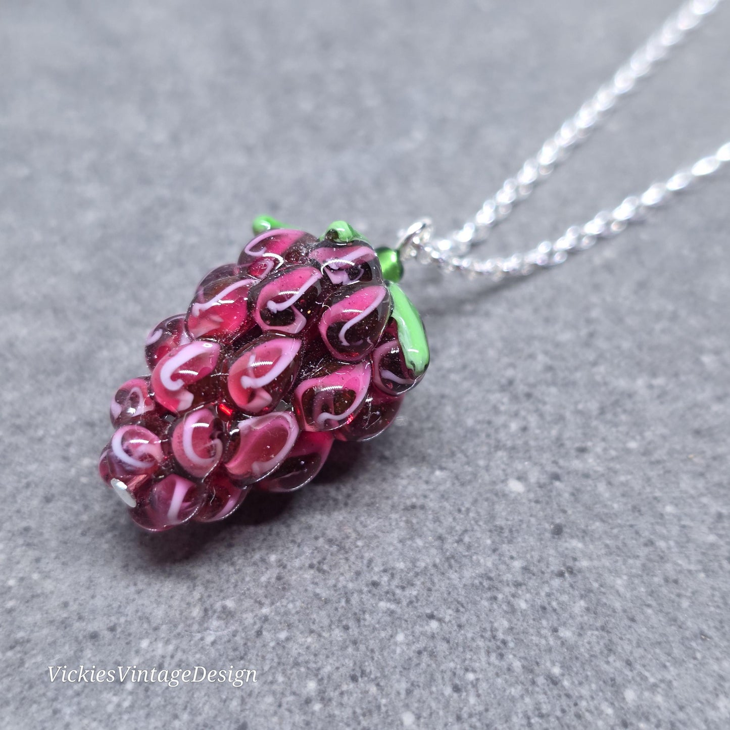 Glass Grape Necklace: Purple Berry Fruits, Choice of Chain