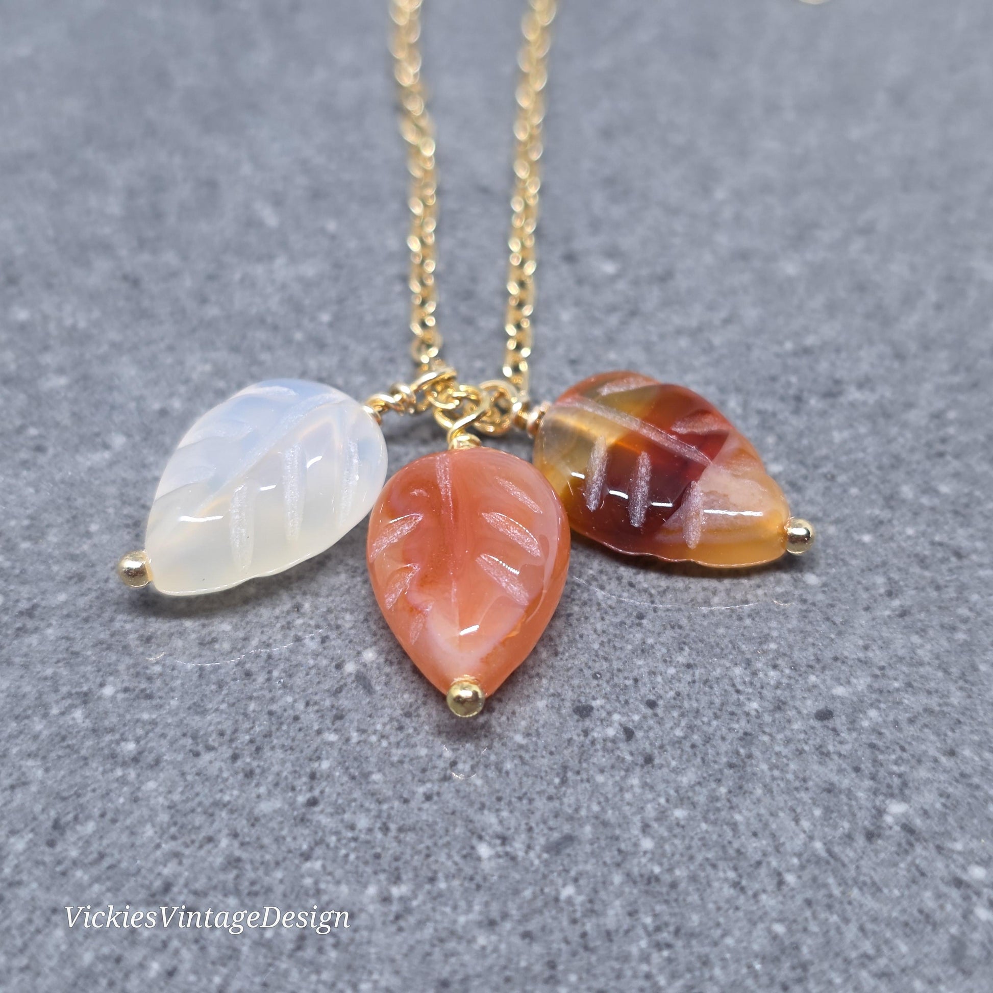 Glass Leaf Necklace with Real 18K Gold Plated Chain: Autumnal Burnt Orange