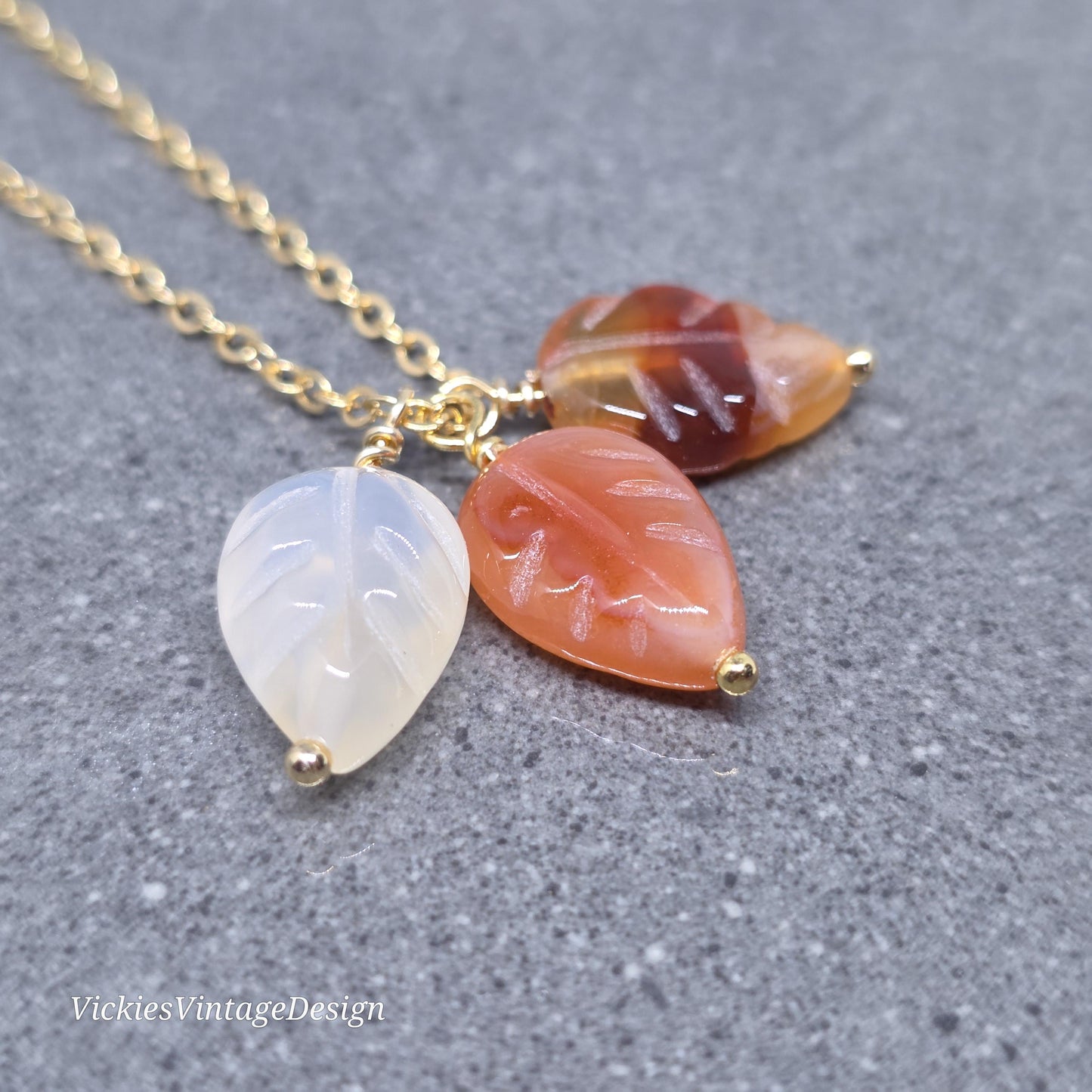 Glass Leaf Necklace with Real 18K Gold Plated Chain: Autumnal Burnt Orange